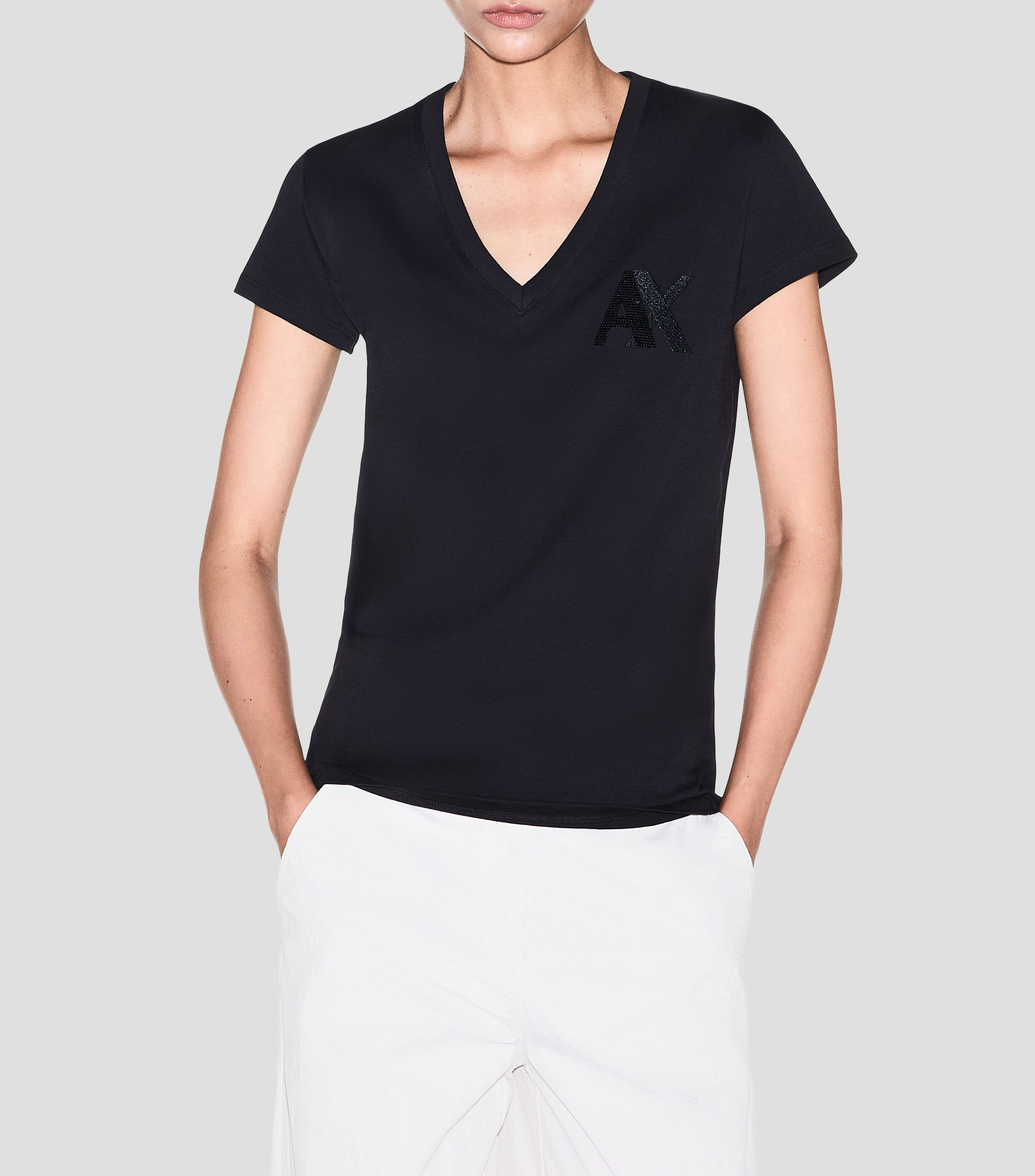 Playera cuello V manga corta sólido Mujer