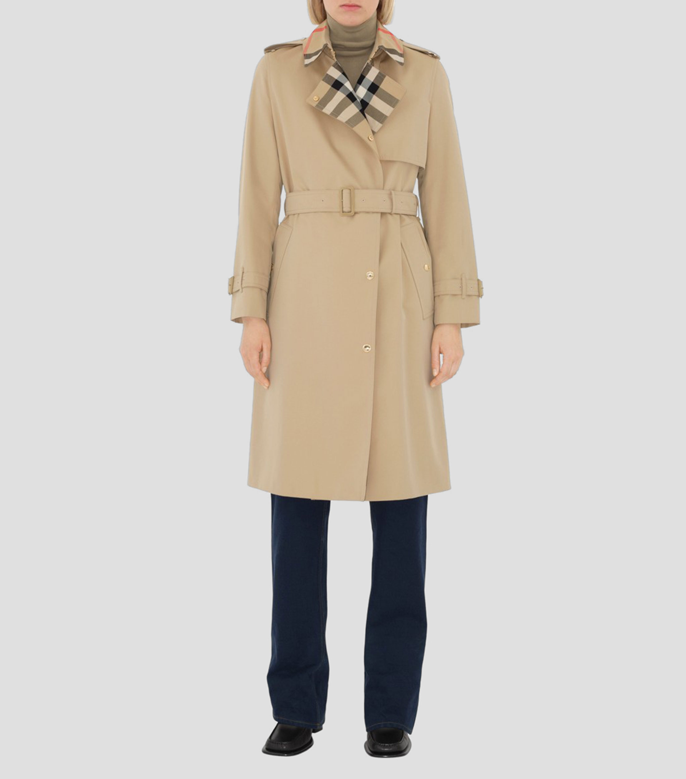 Gabardina larga con cuadros en cuello Check Mujer