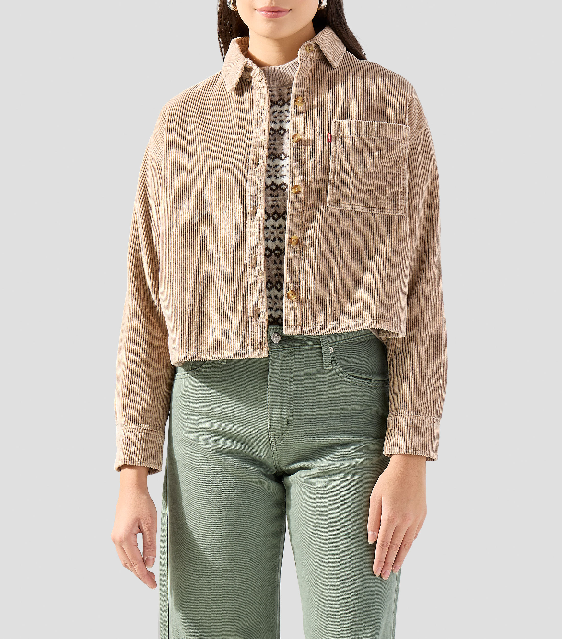 Camisa lisa acanalada manga larga Mujer