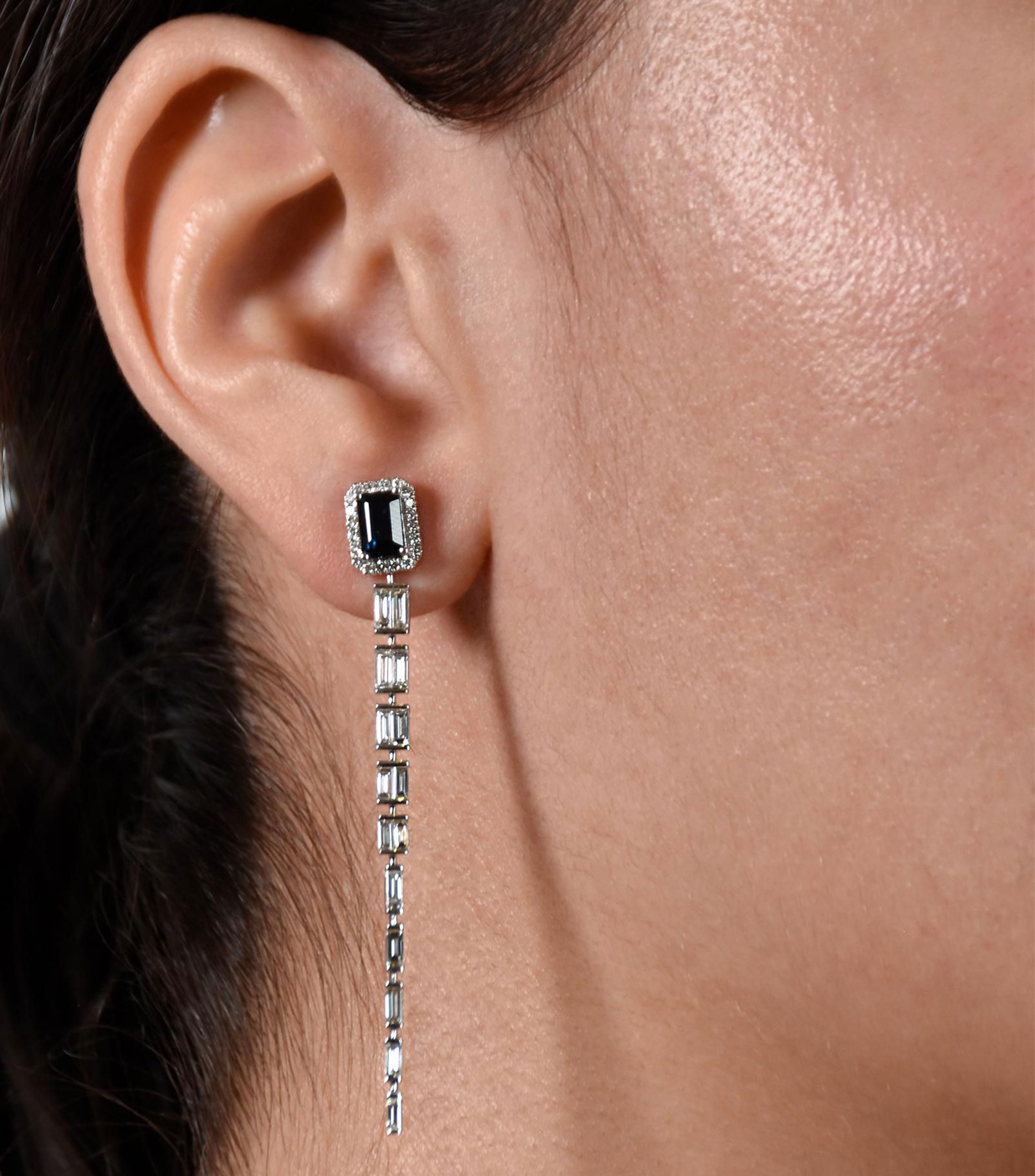 Aretes en Oro blanco de 14 Kilates con Zafiro y Diamante Mujer