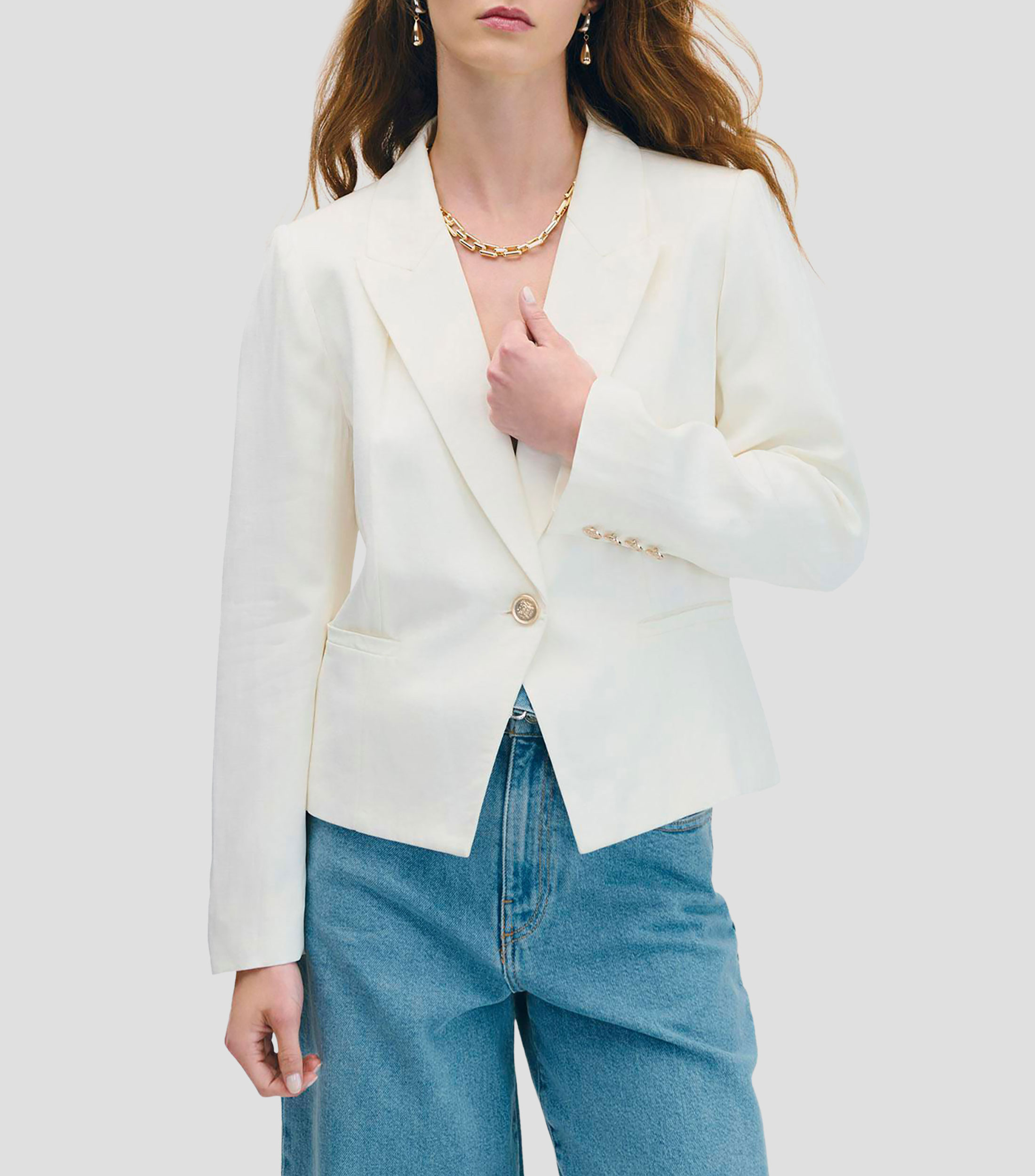 Blazer de lino natural cruce asimétrico solapa de pico Mujer