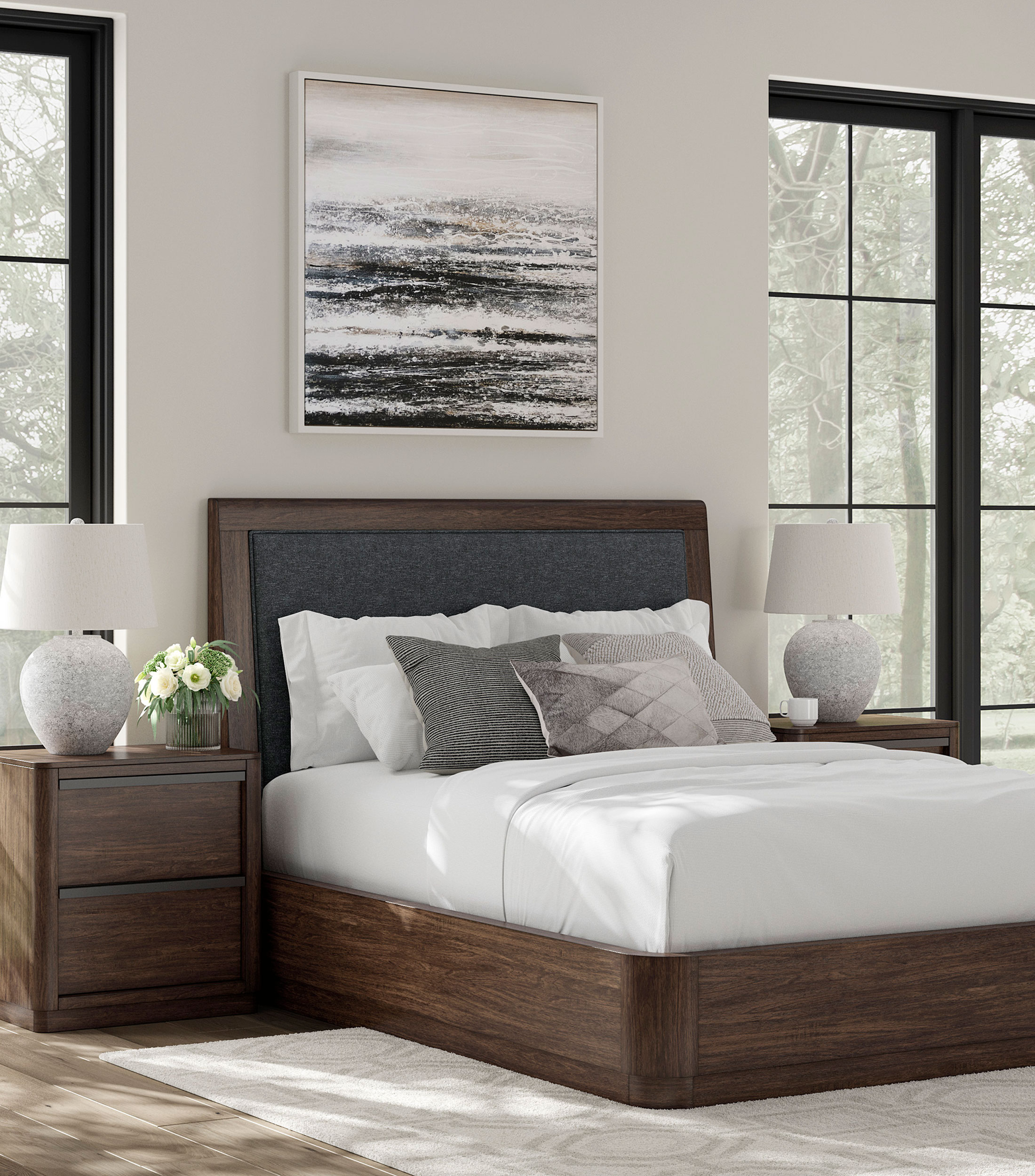Cama queen size Kenta en madera, chapa de mango y MDF
