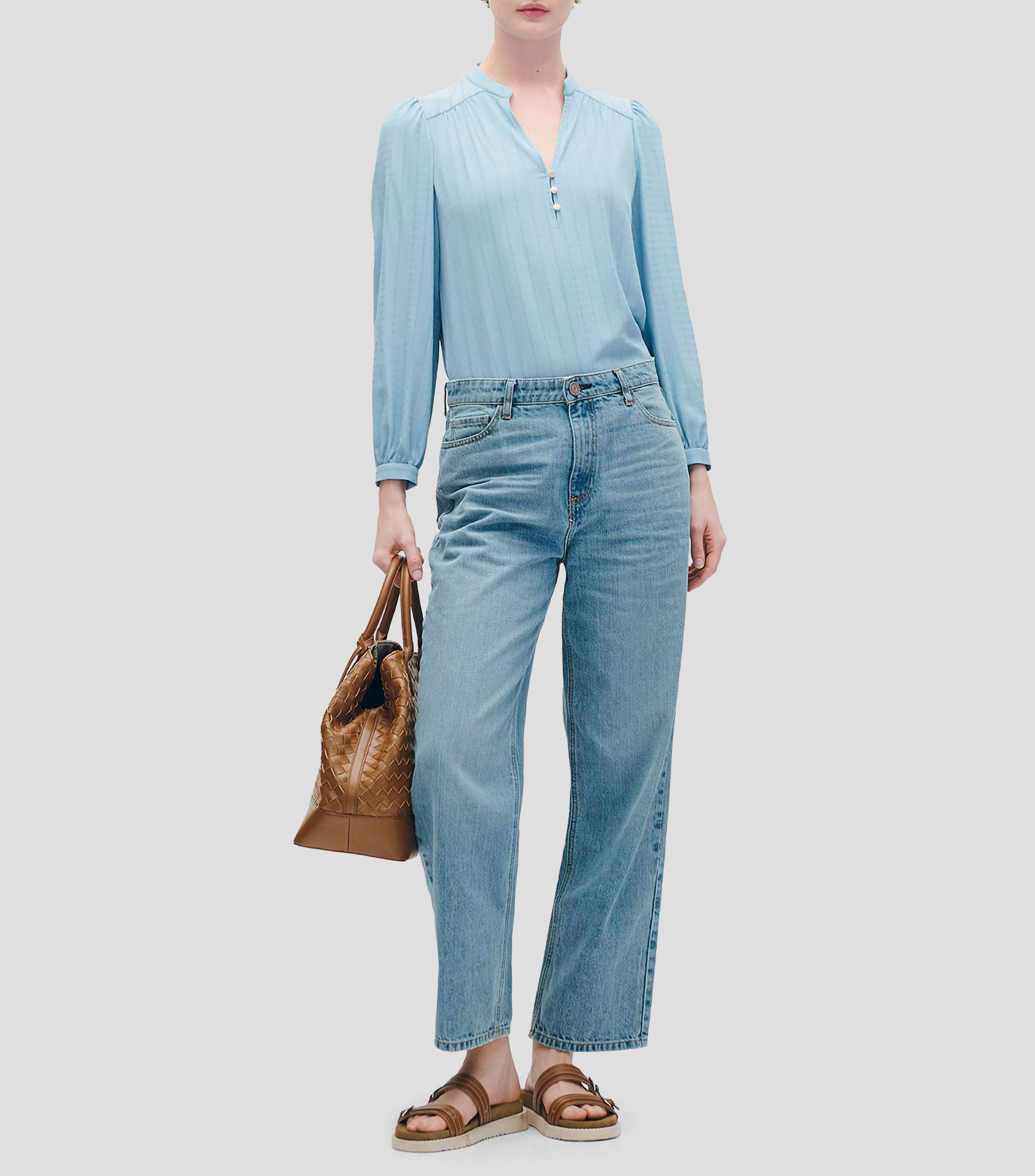 Blusa de Jacquard a Raya Corrugado Azul Aura Cuello Mao Mujer