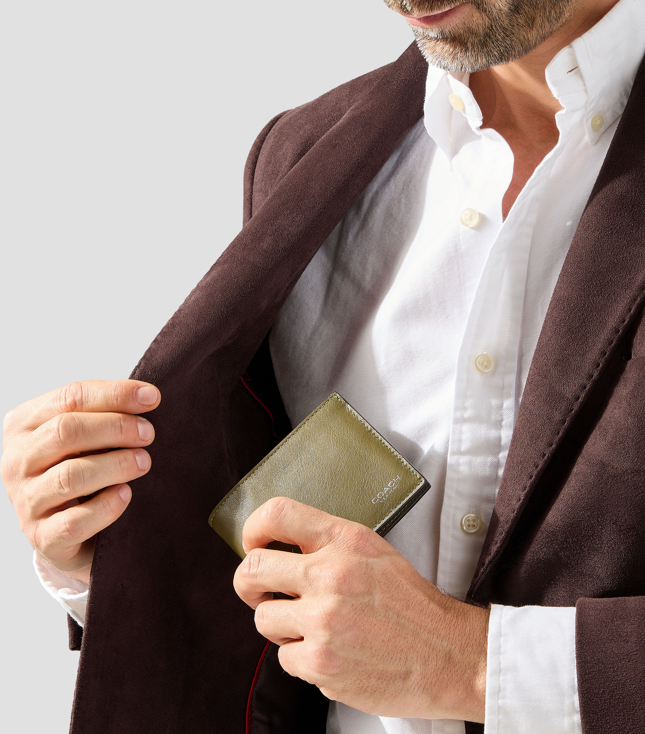 Cartera bifold en piel verde olivo lisa Hombre