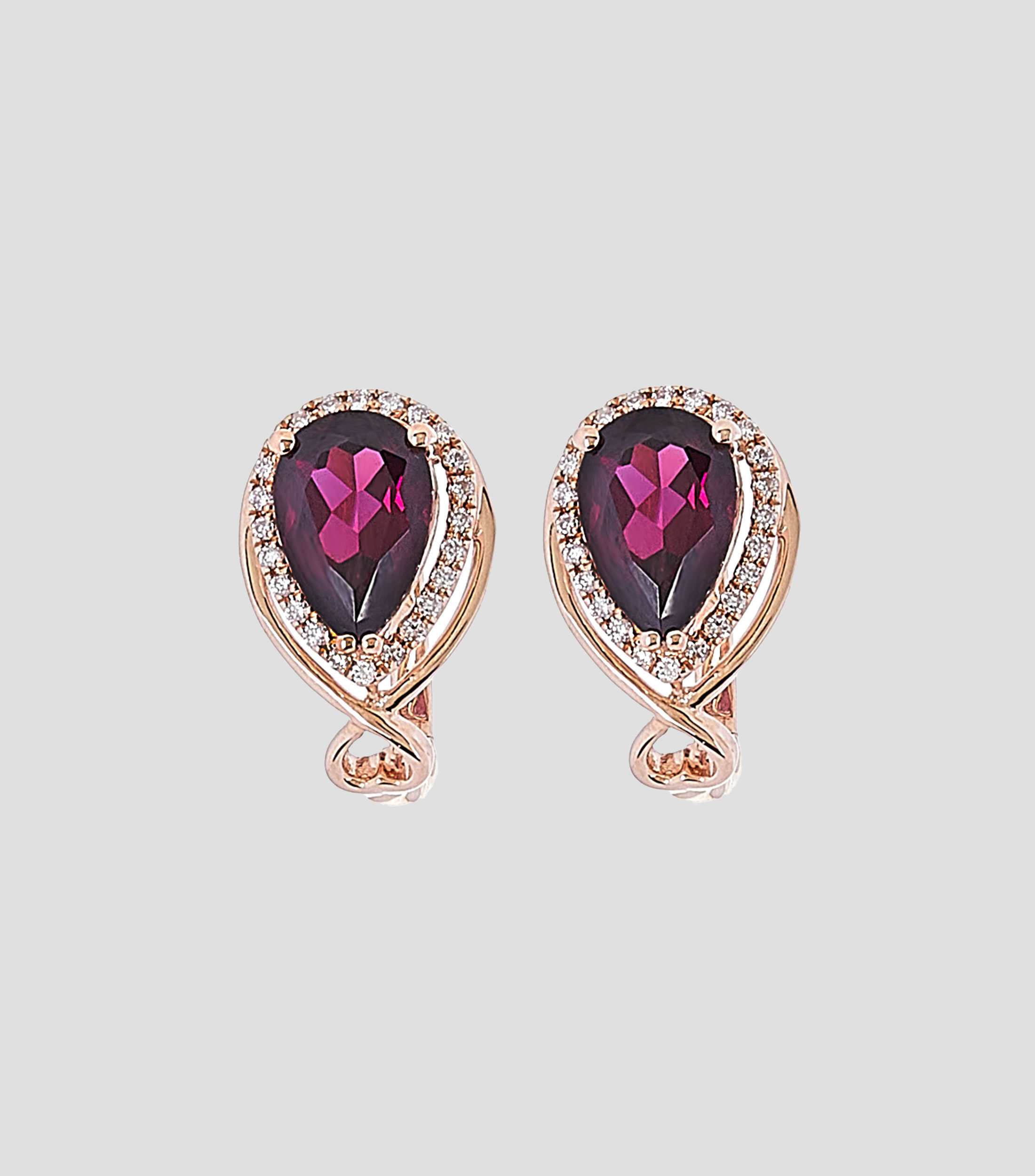 Aretes en oro rosa de 14 kilates con rodolita y diamantes Mujer
