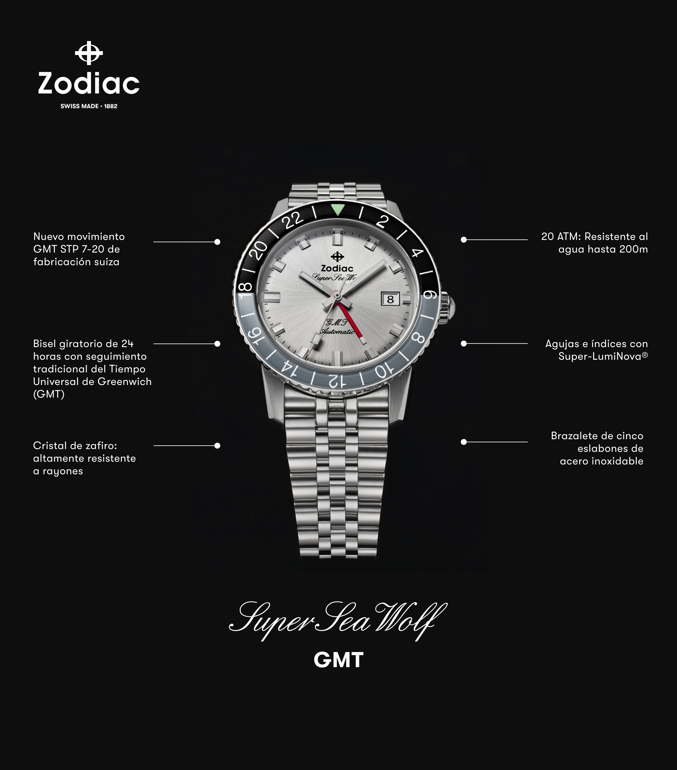 Reloj para Hombre GMT casual plateado, negro