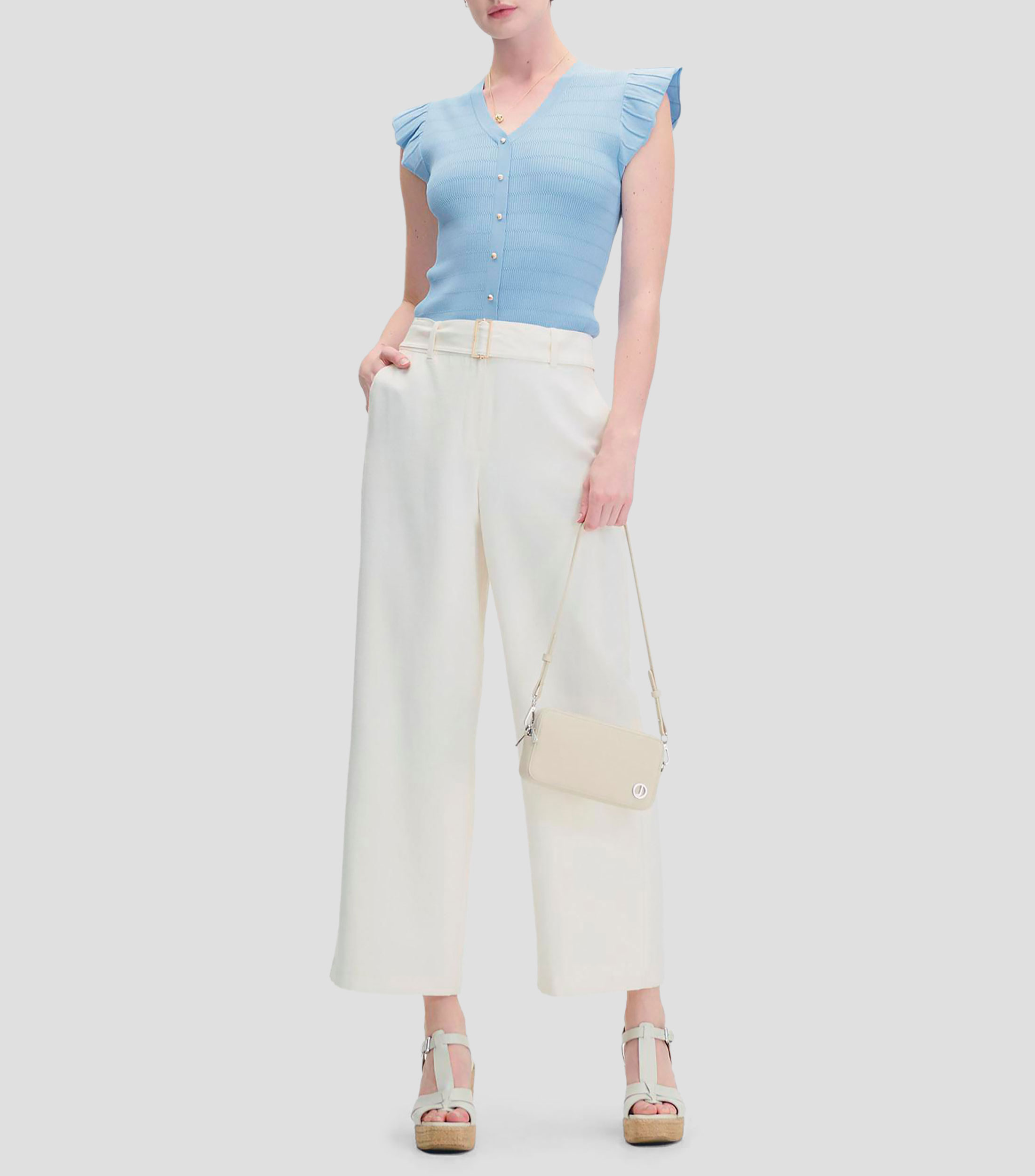 Pantalón Wideleg Natural Tiro Alto con Banda Efecto Corrugado Mujer