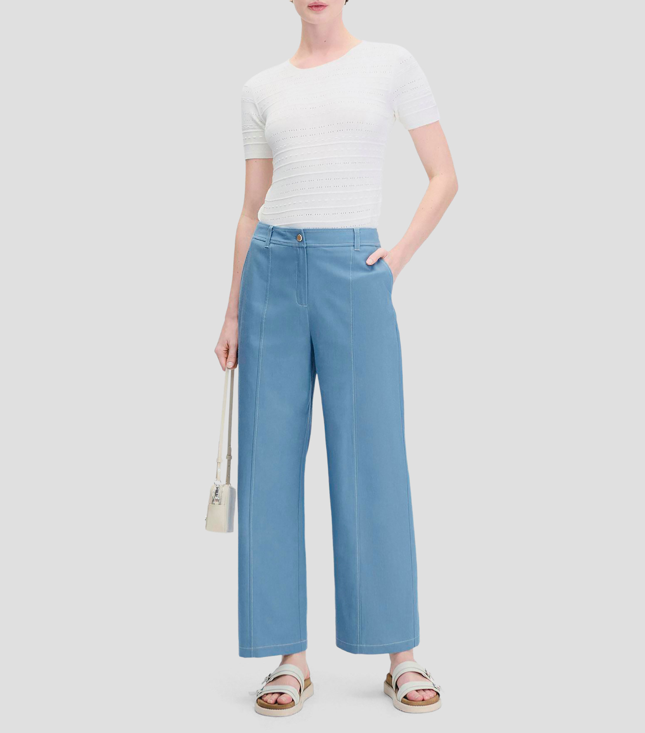 Pantalón Wide Leg Tiro Alto Pespuntes en Contraste Tipo Denim Mujer