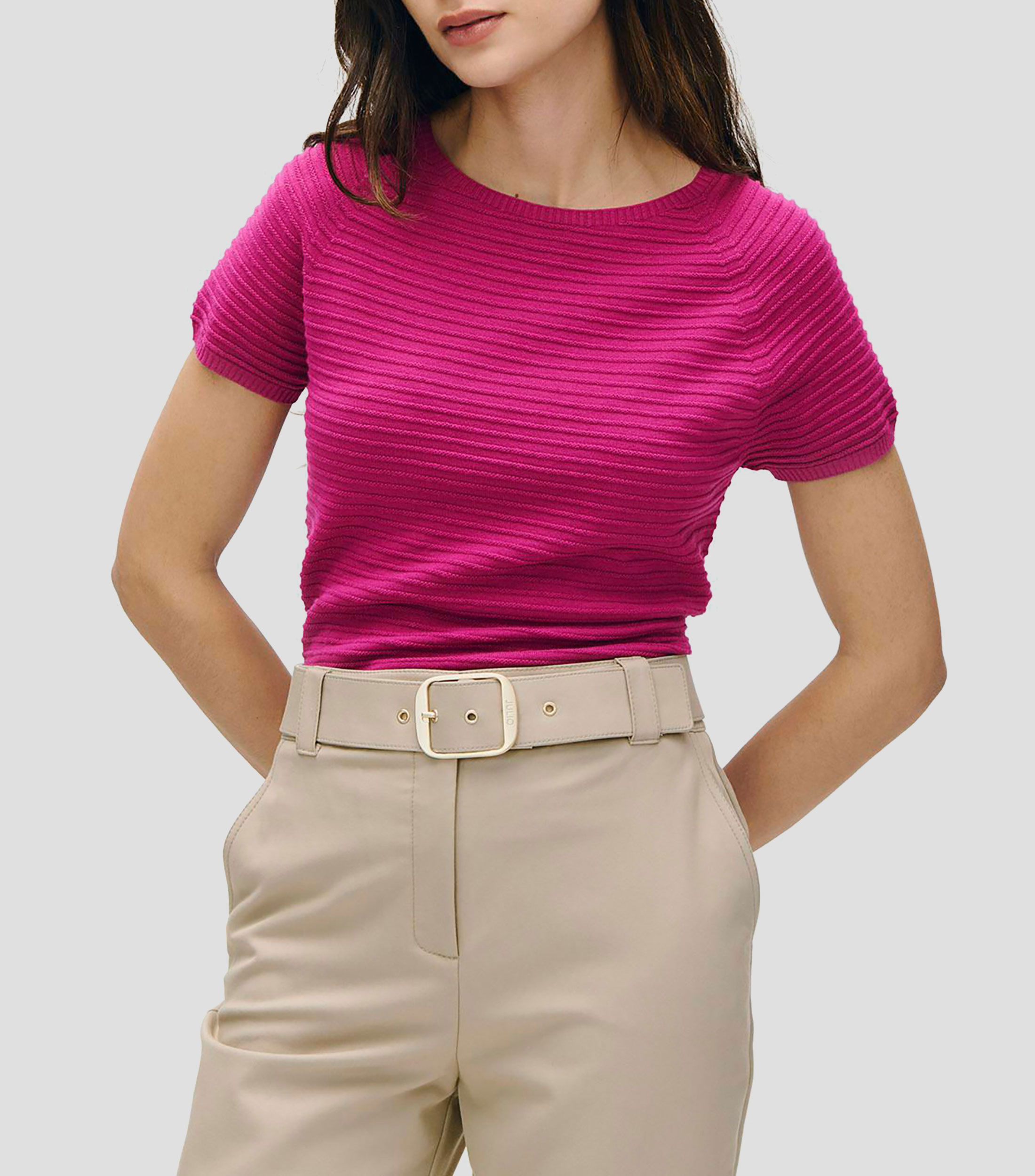 Blusa fucsia tejido canalé con relieve manga ranglan Mujer