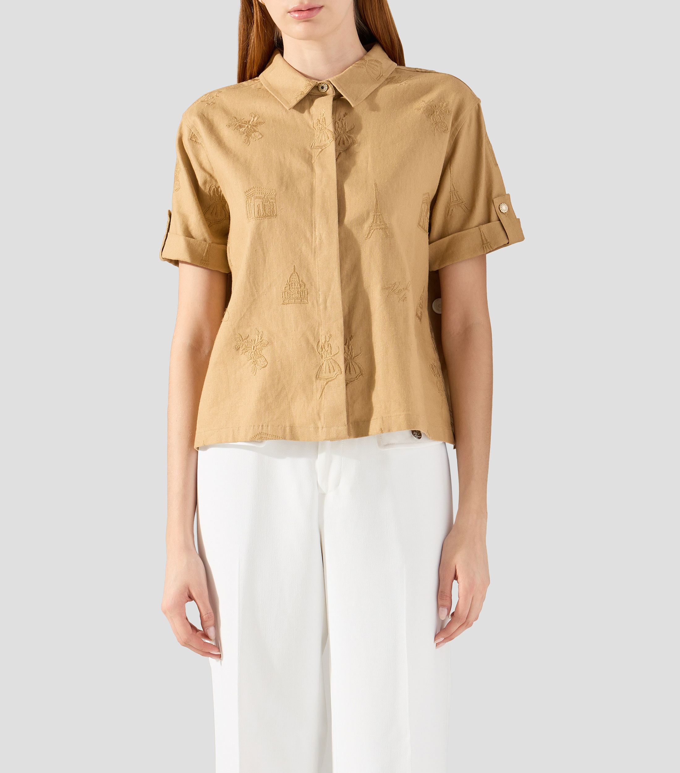 Camisa con bordado y manga corta Mujer