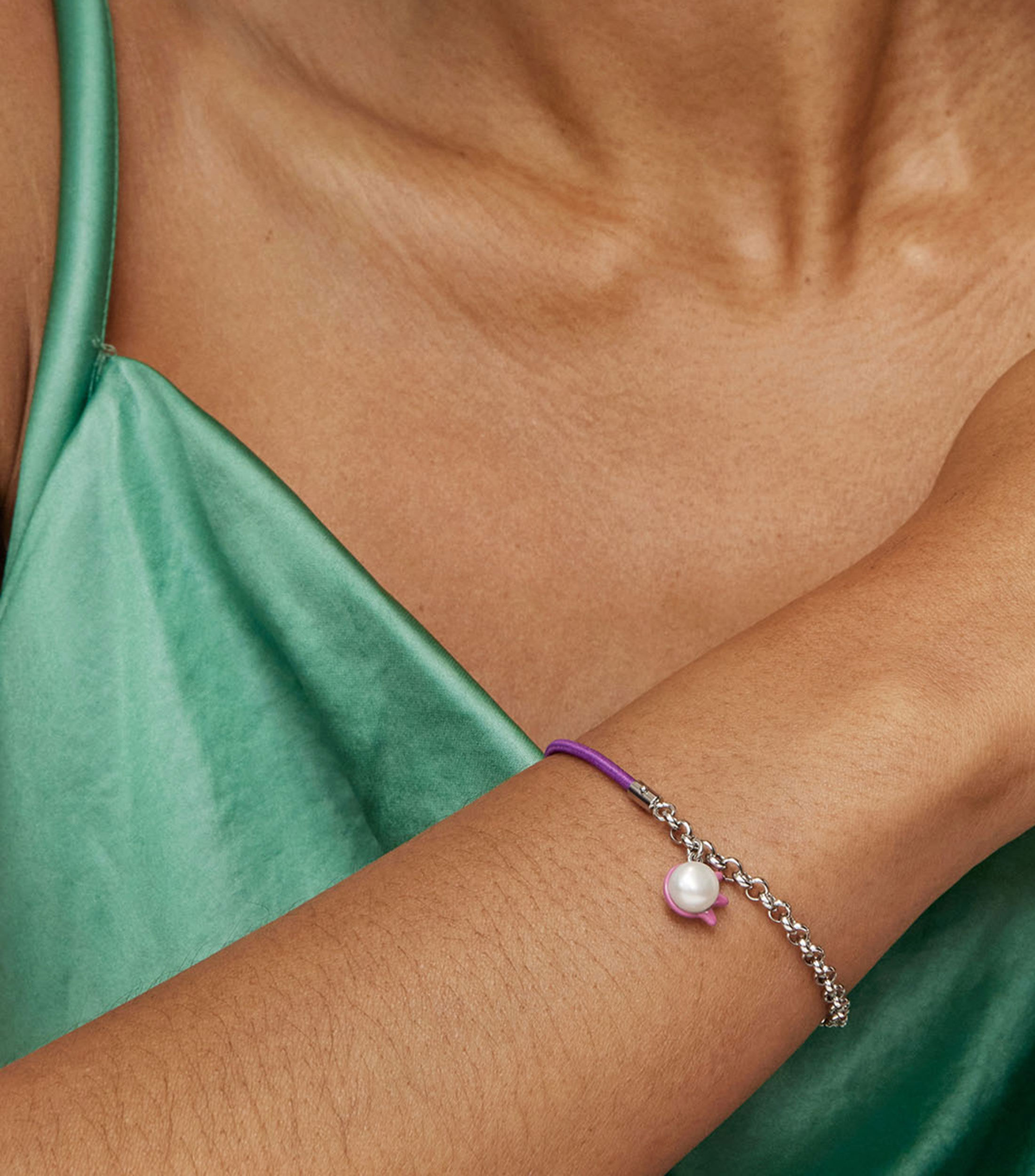 Pulsera elástica lila y plateado con perla cultivada Instint Mujer
