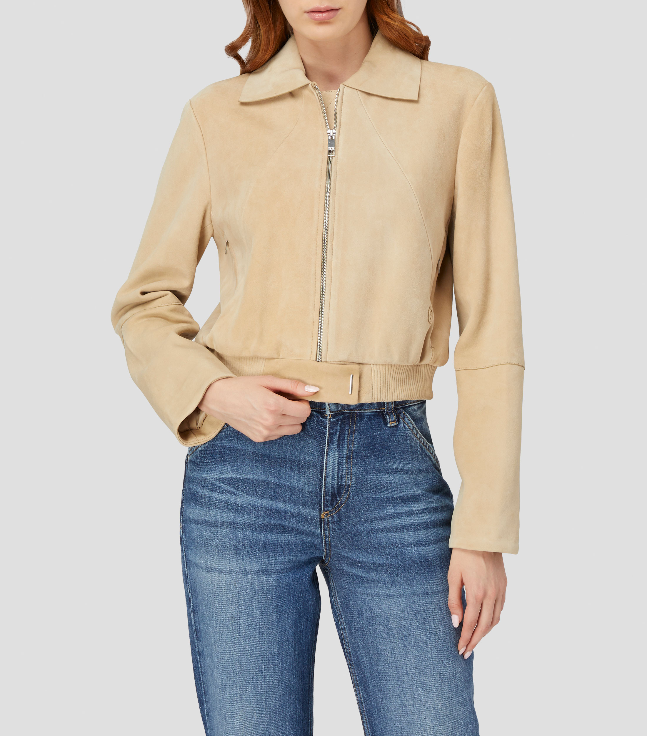 Chamarra cazadora de ante estilo bomber con monograma Double B Mujer