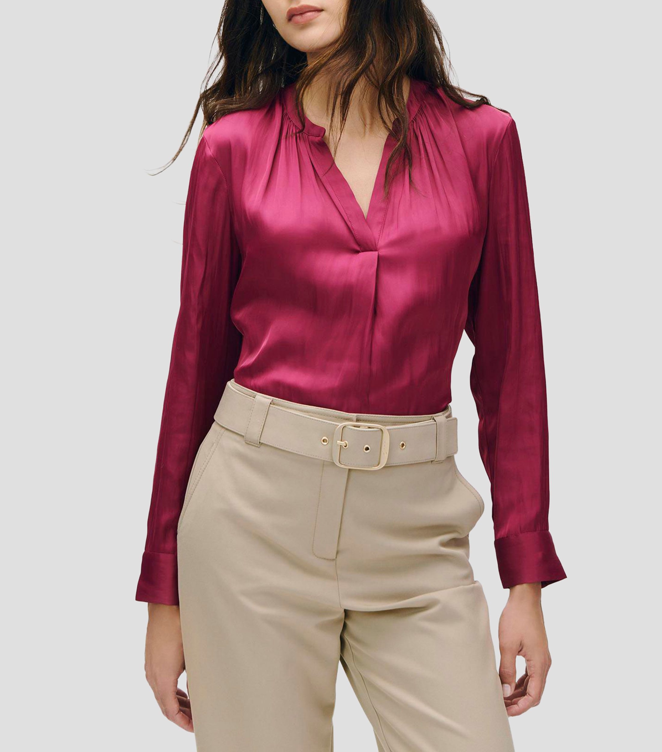 Blusa de satín fucsia escote V cuello mao efecto corrugado Mujer
