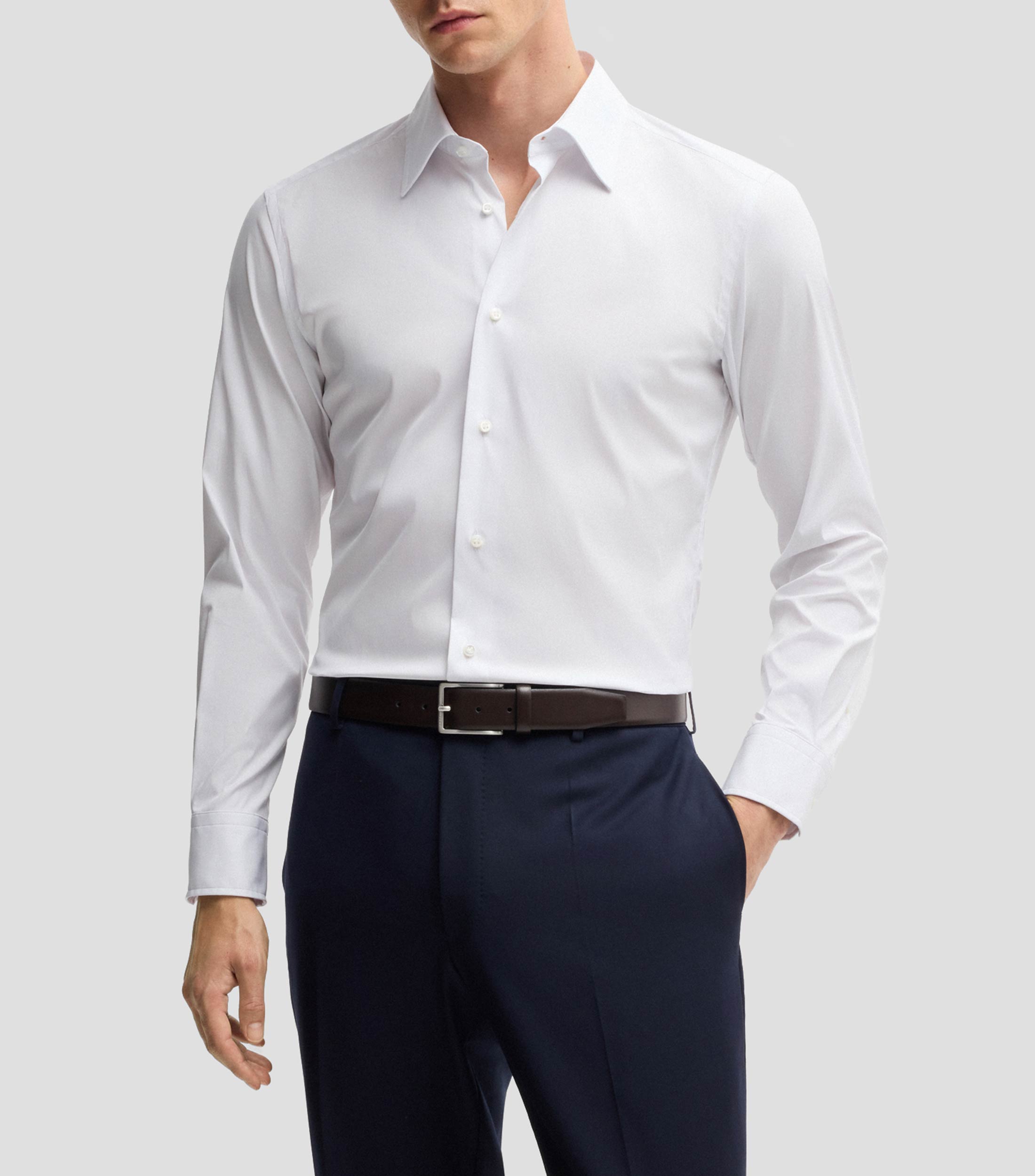 Camisa slim fit de popelín de algodón con elástico Hombre