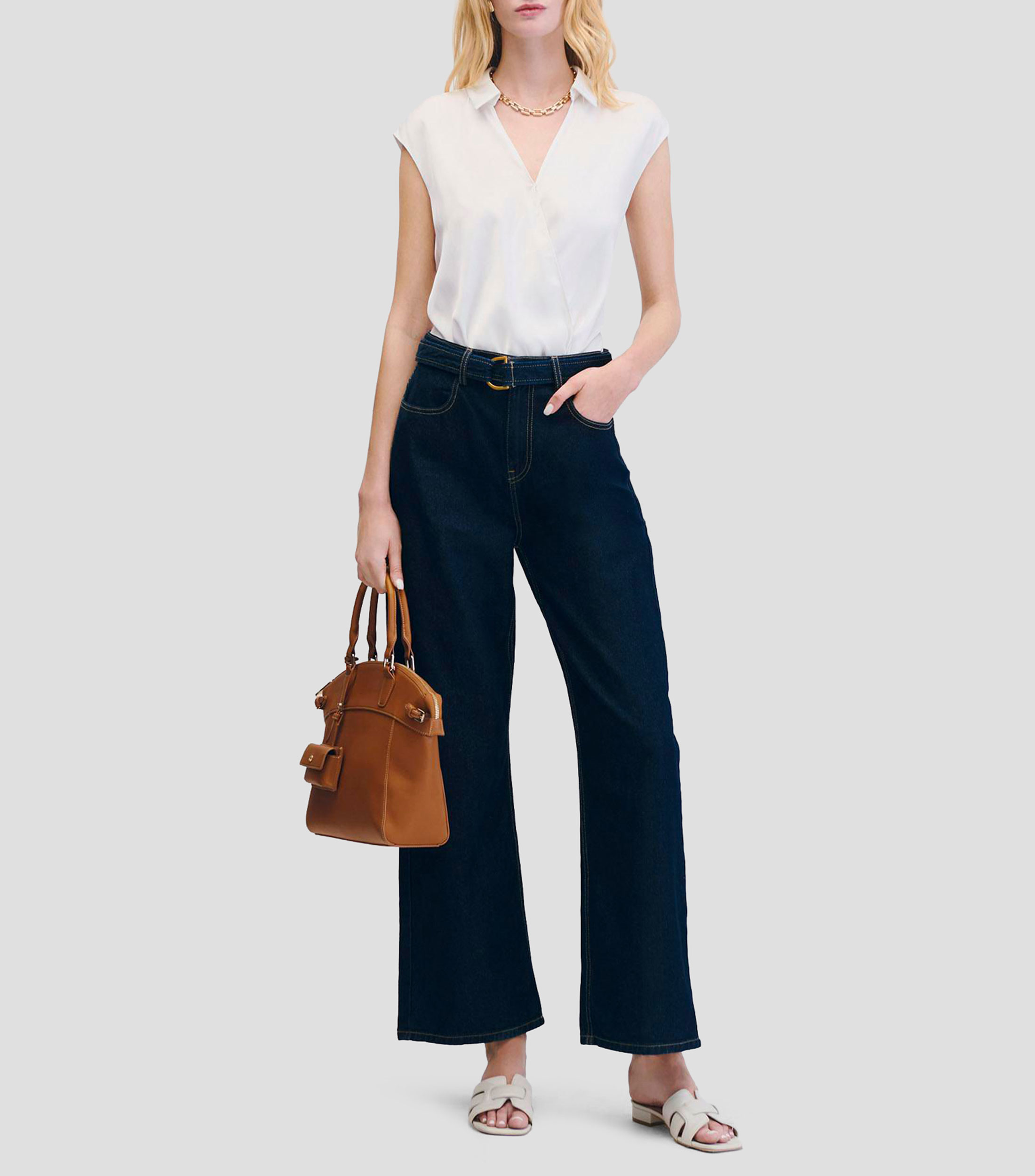 Blusa De Satín Envolvente Cuello Camisero Mujer