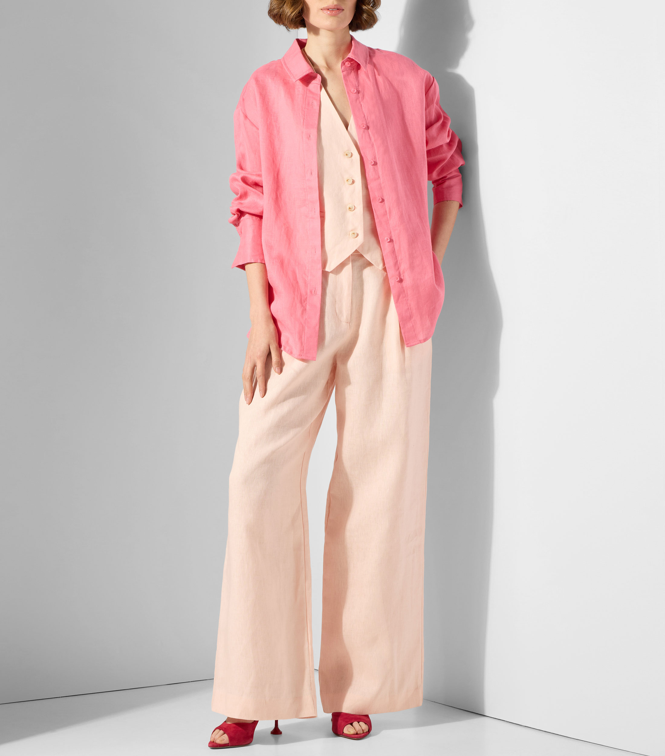 Camisa lisa en lino con manga larga Mujer