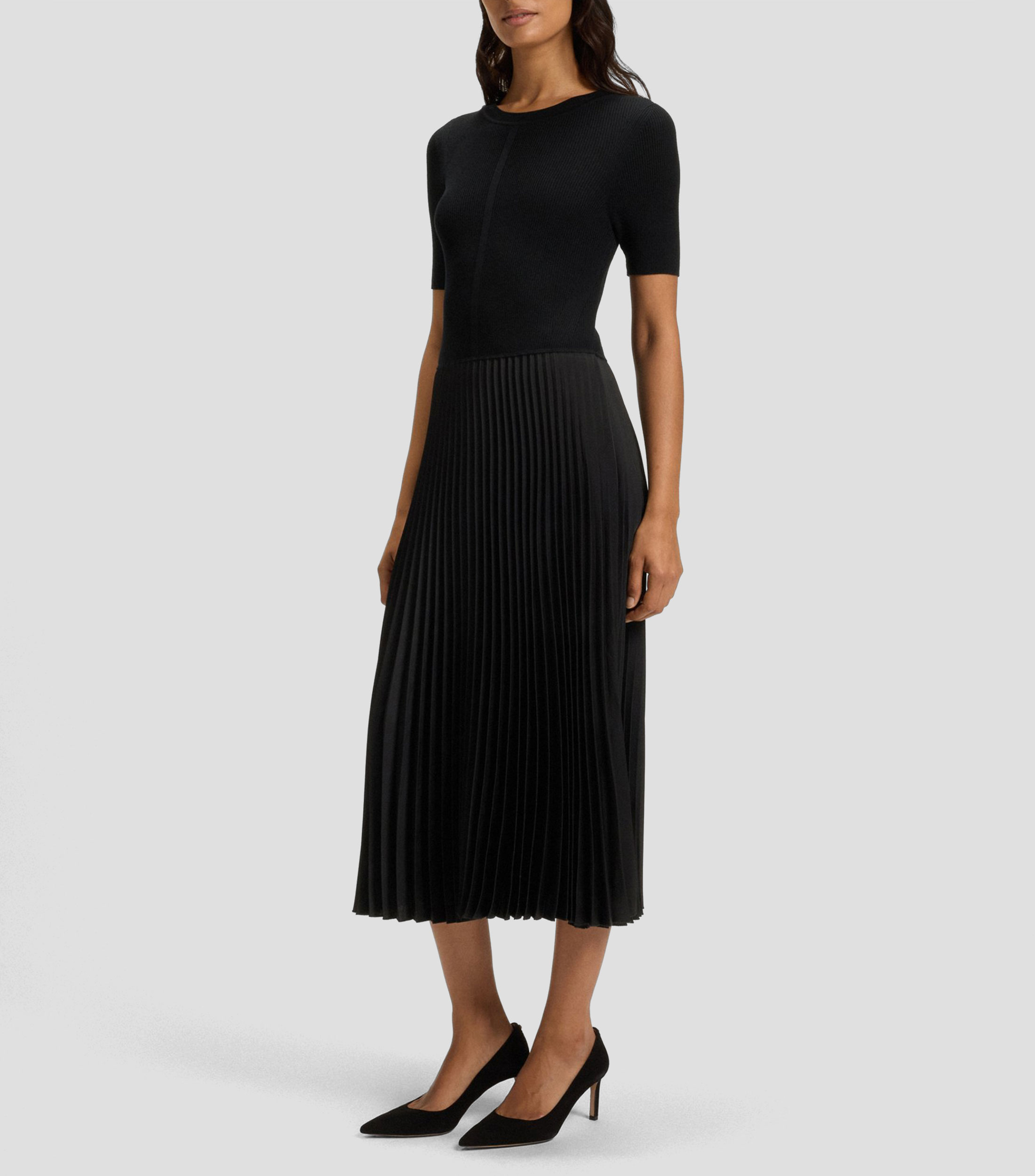 Vestido de mezcla de materiales con falda plisada Mujer