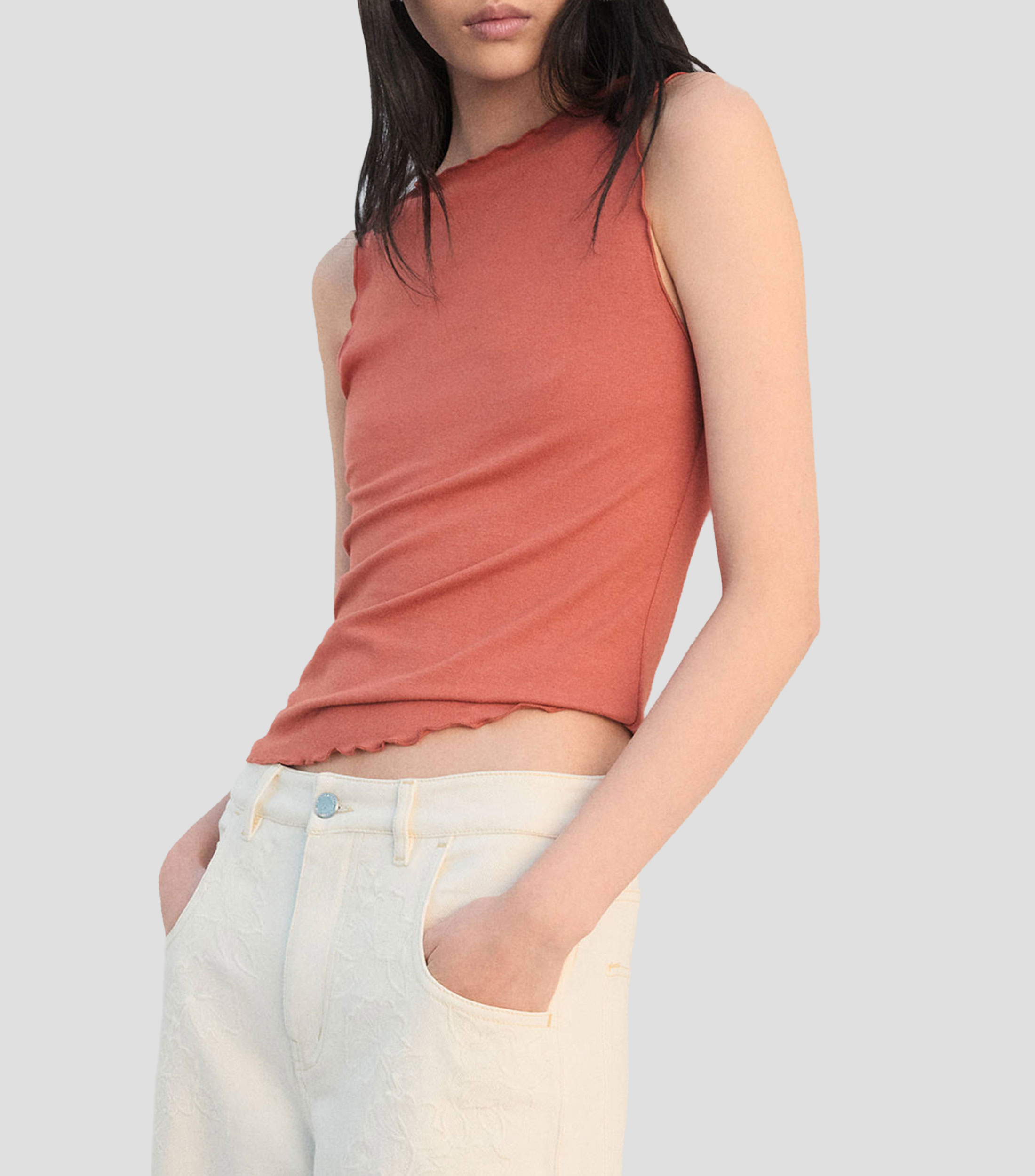 Top cuello redondo sin mangas liso Mujer