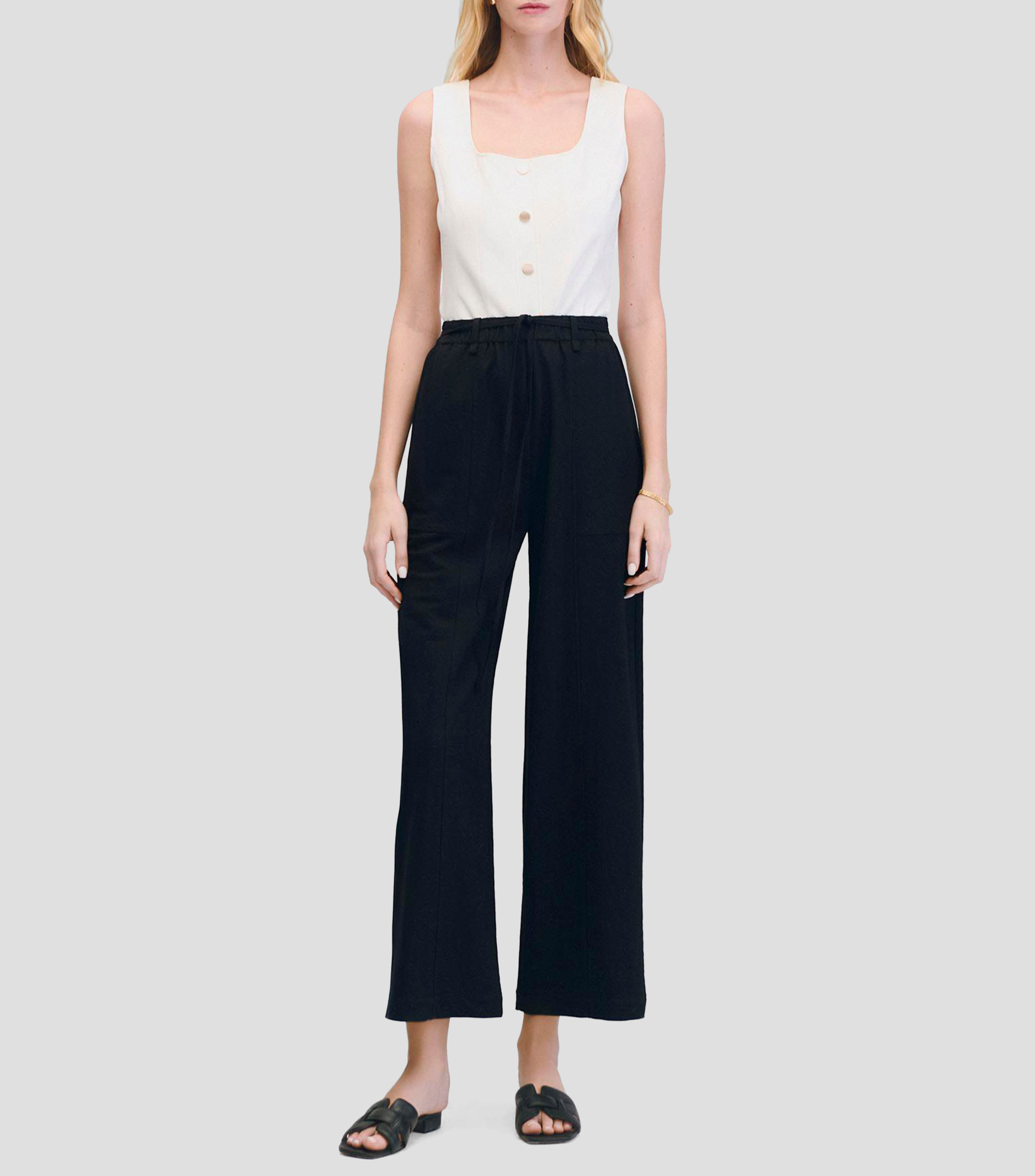 Pantalón Wideleg Negro Tiro Alto Pretina Enresortada Con Jaretas Mujer