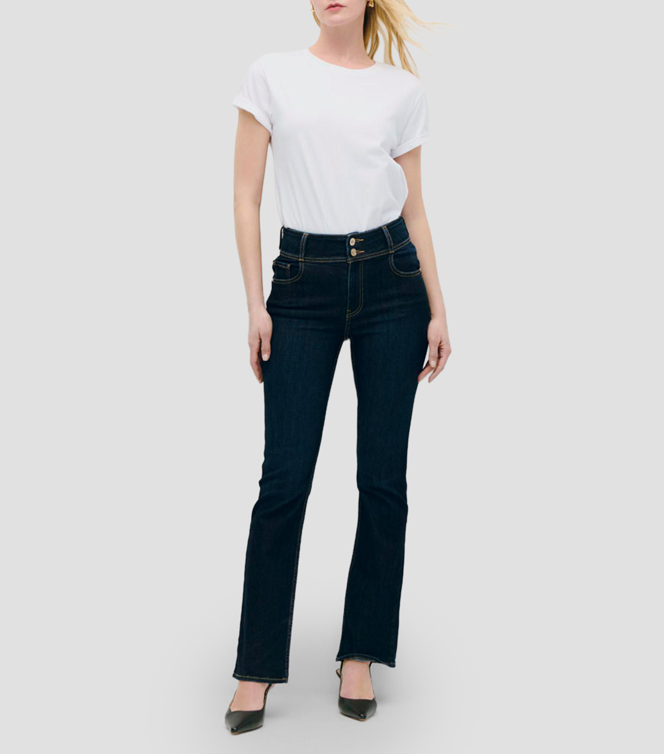 Jeans Acampanados Tiro Alto Pretina Ancha Mujer