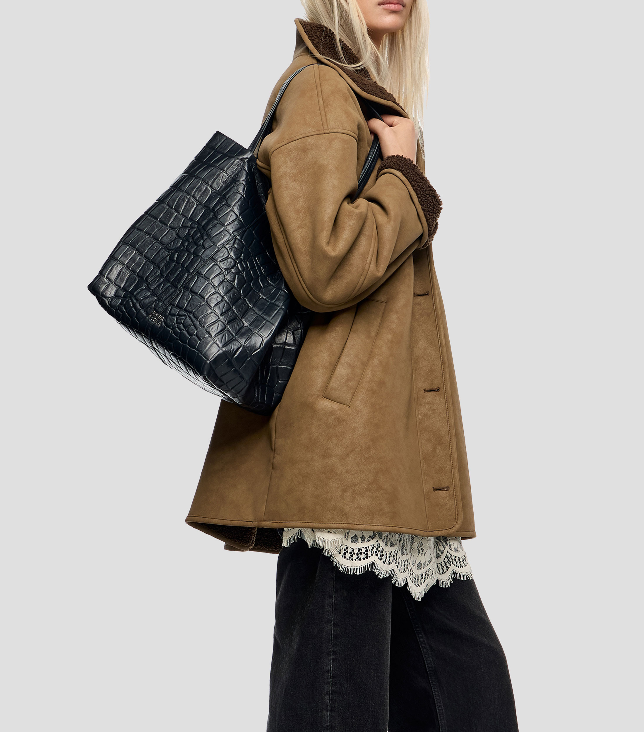 Bolsa tote grande piel azul petróleo Mujer