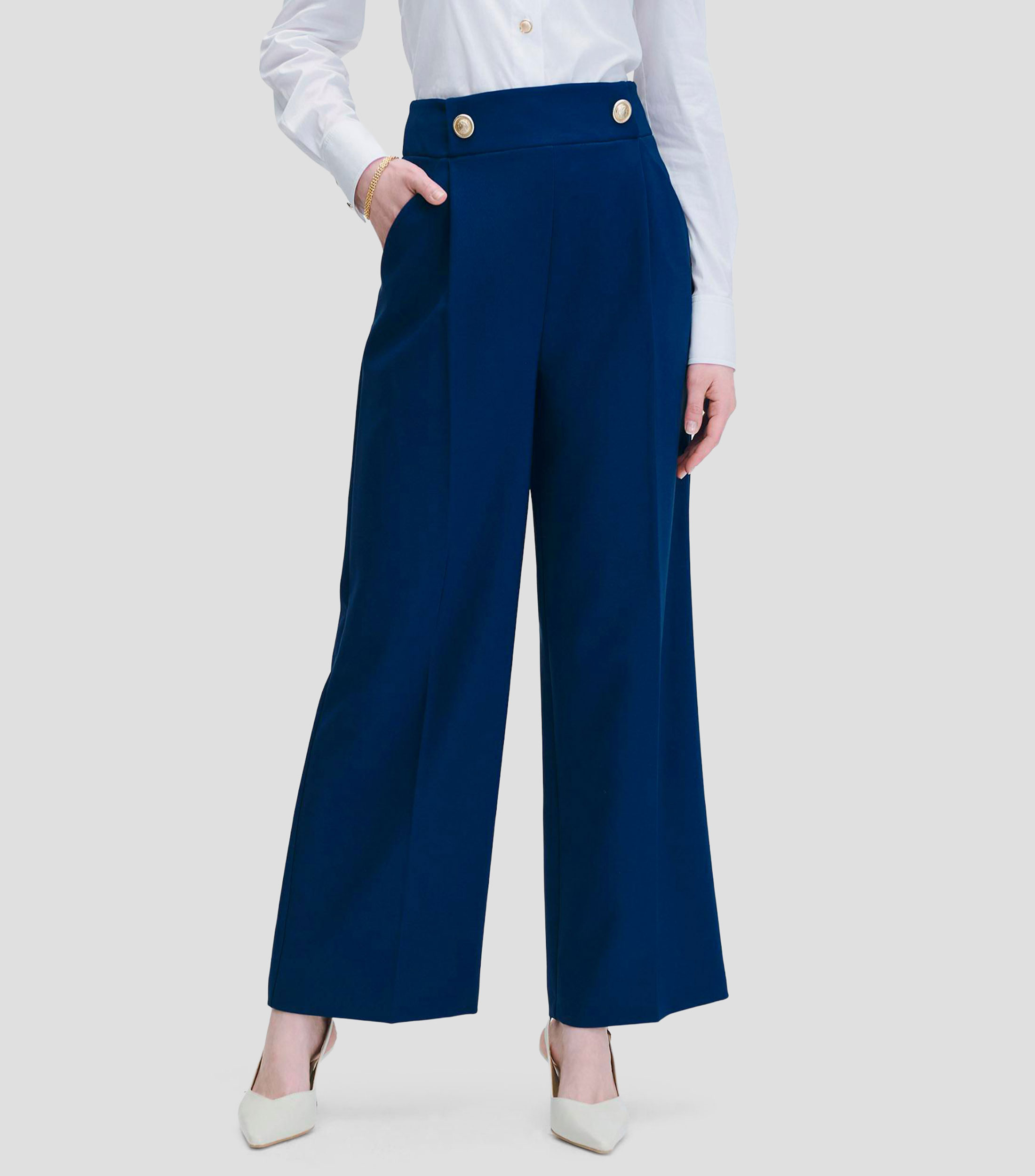 Pantalón Wide Leg Tiro Alto Azul Océano Pretina Fraccionada Y Tablas Mujer