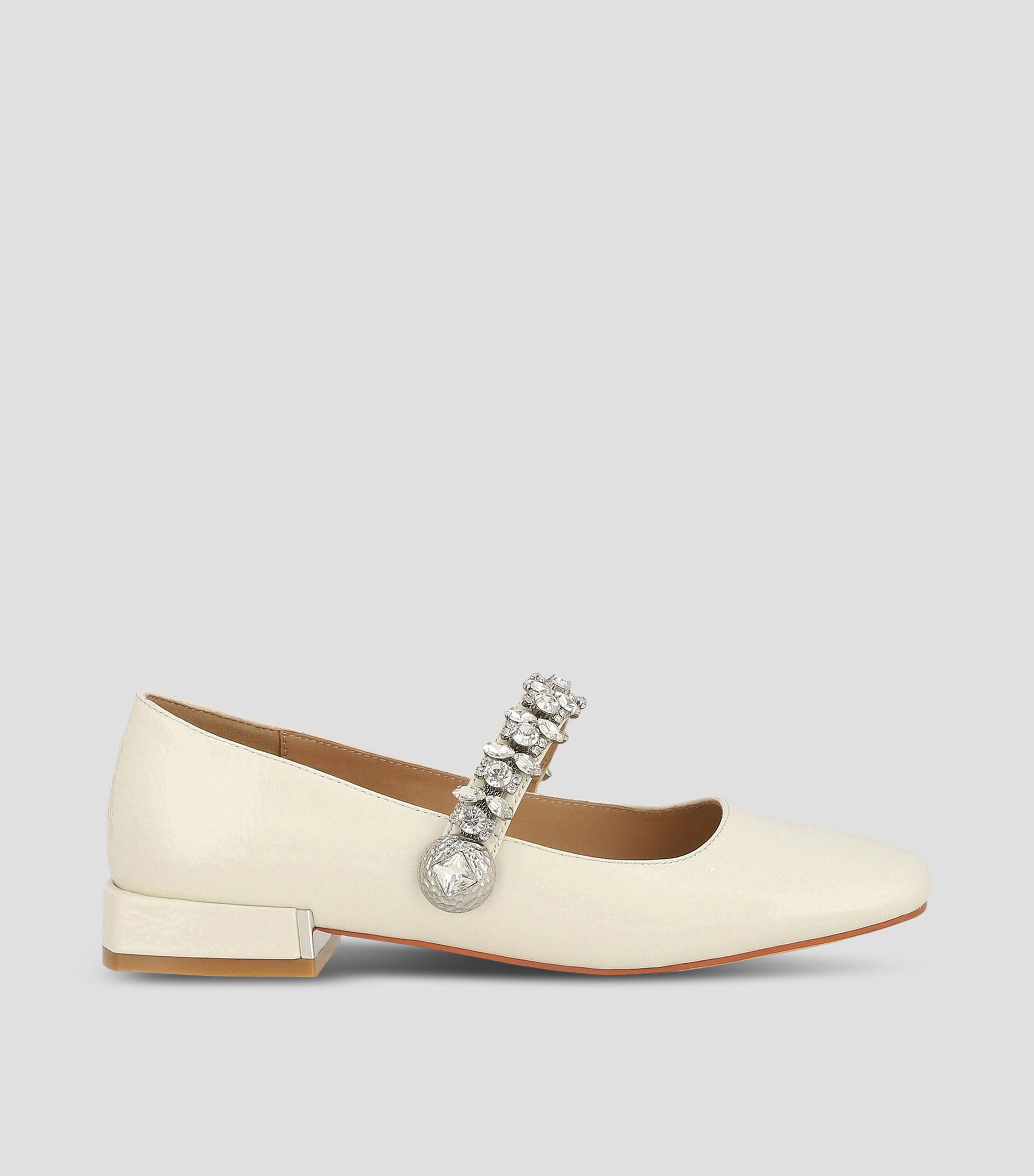 Flats de piel con tacón ancho y pedrería Mujer