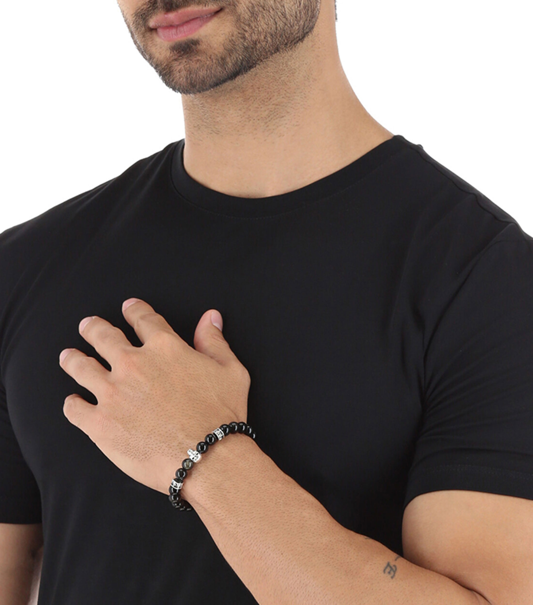 Brazalete Elástico en Obsidiana con Calavera Hombre