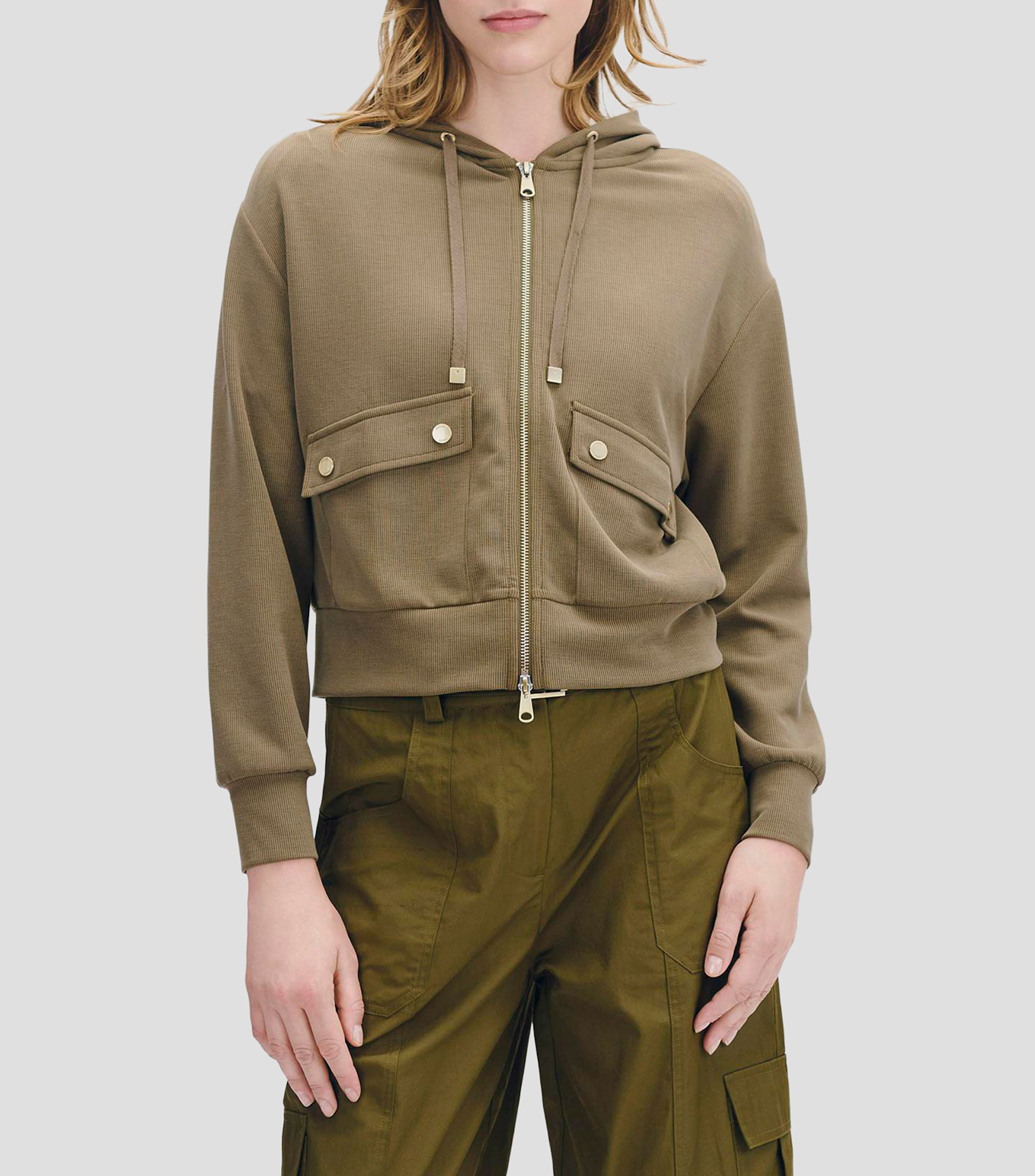 Sudadera bomber tejido canalé con capucha Mujer