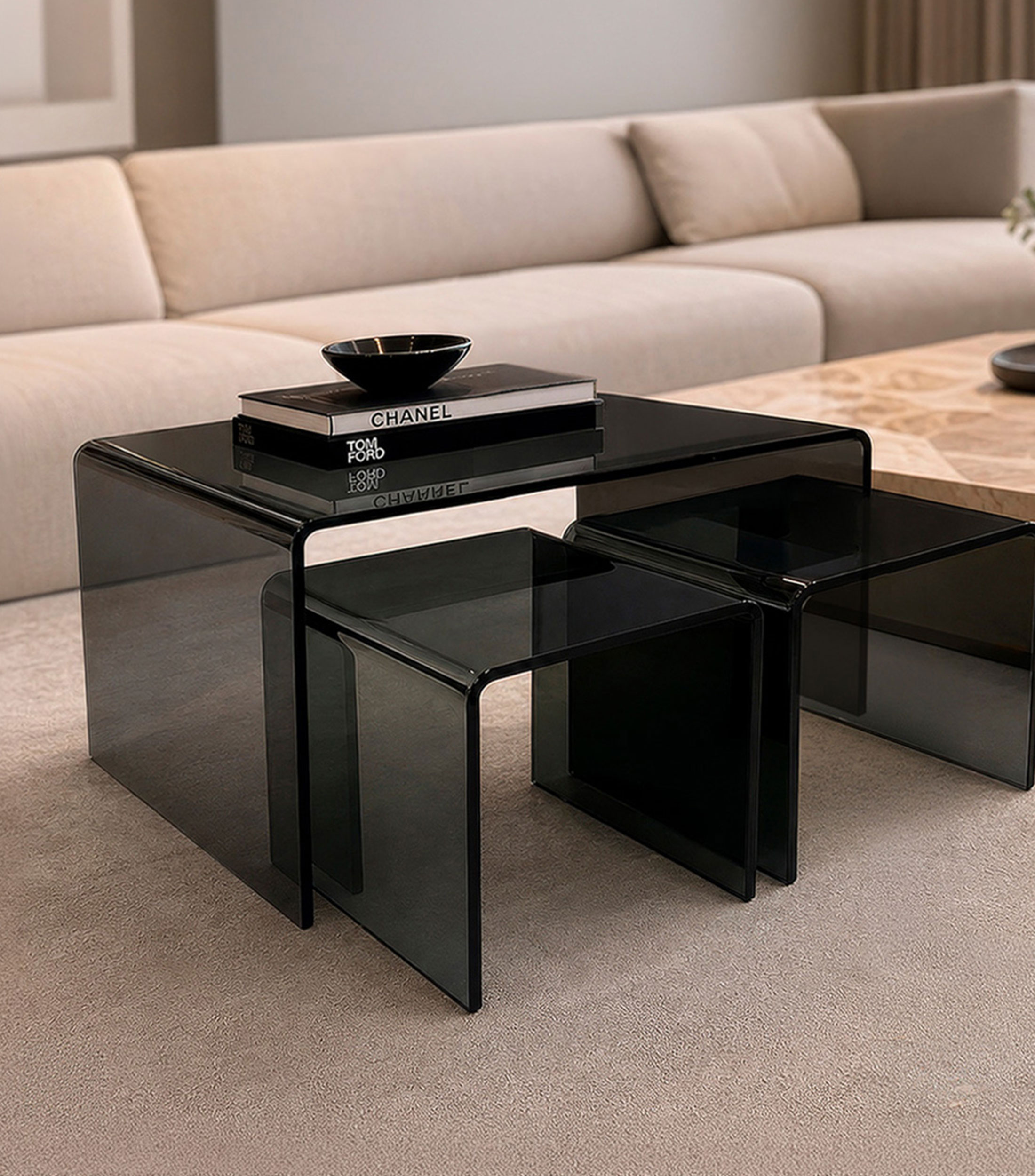 Set de 3 piezas (1 Mesa de centro y 2 Mesas laterales anidadas) TETRIS en vidrio ahumado