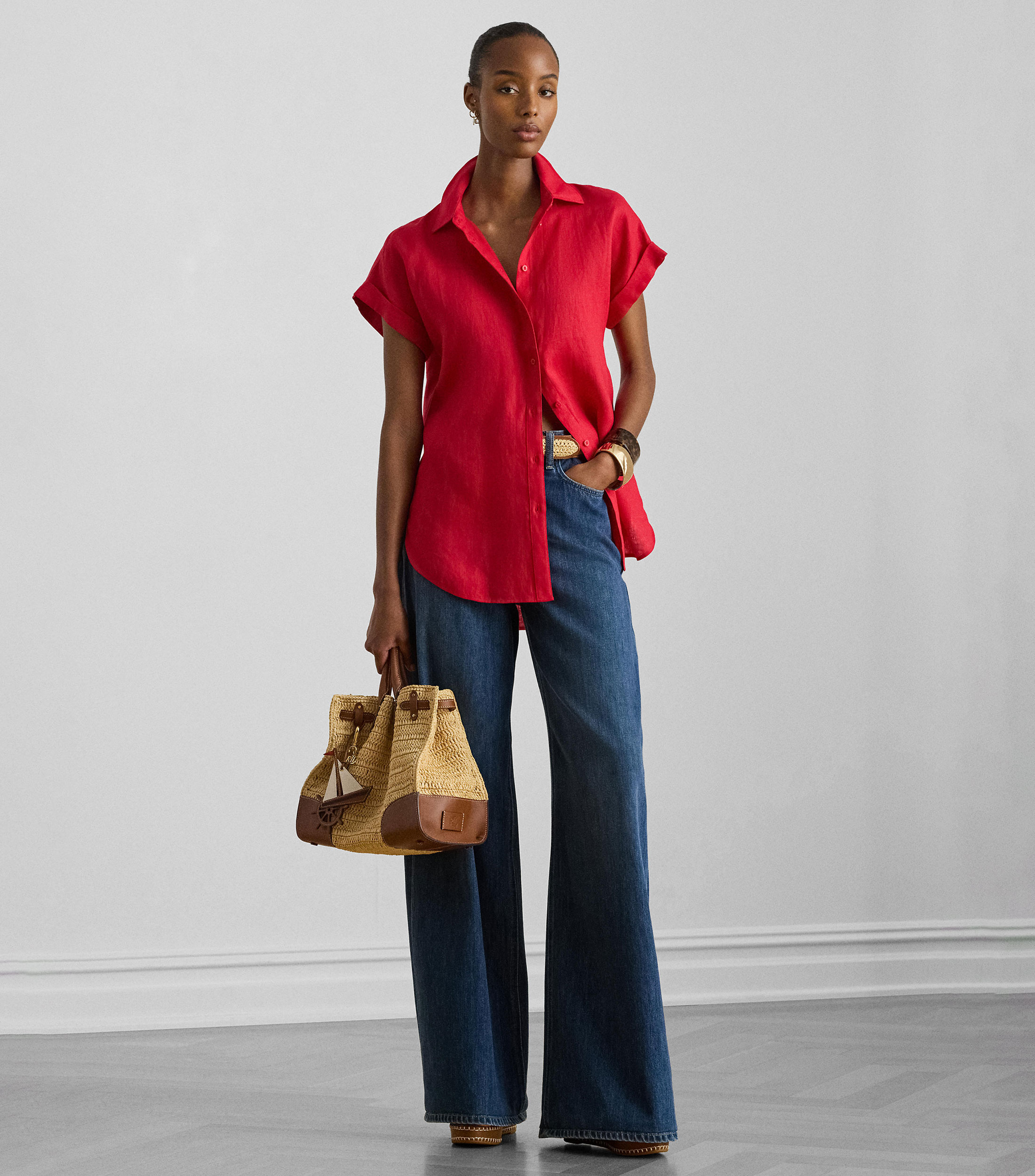 Camisa lisa de lino manga corta Mujer