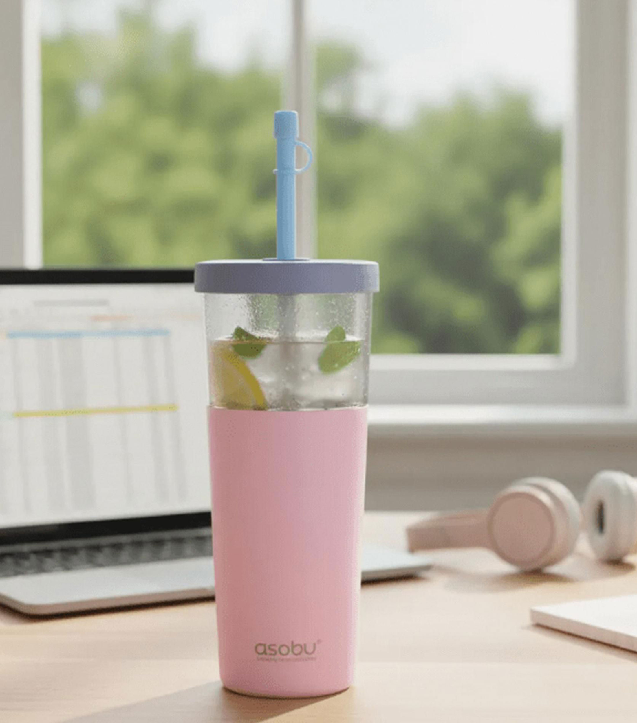Termo Marina Pastel Rosa Sintético con popote, 845 ml