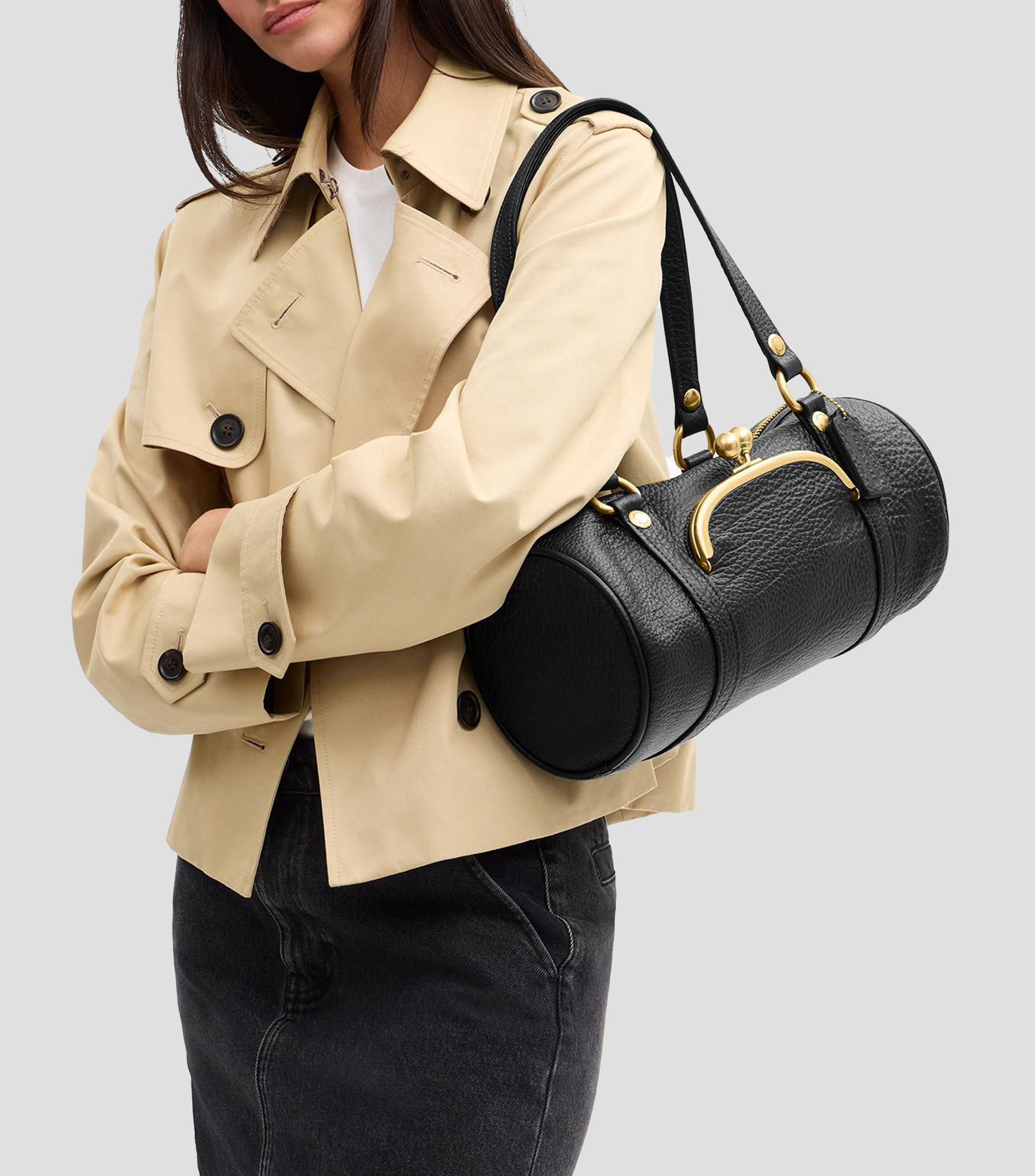 Bolsa shoulder en piel Kisslock Barrel lisa Mujer