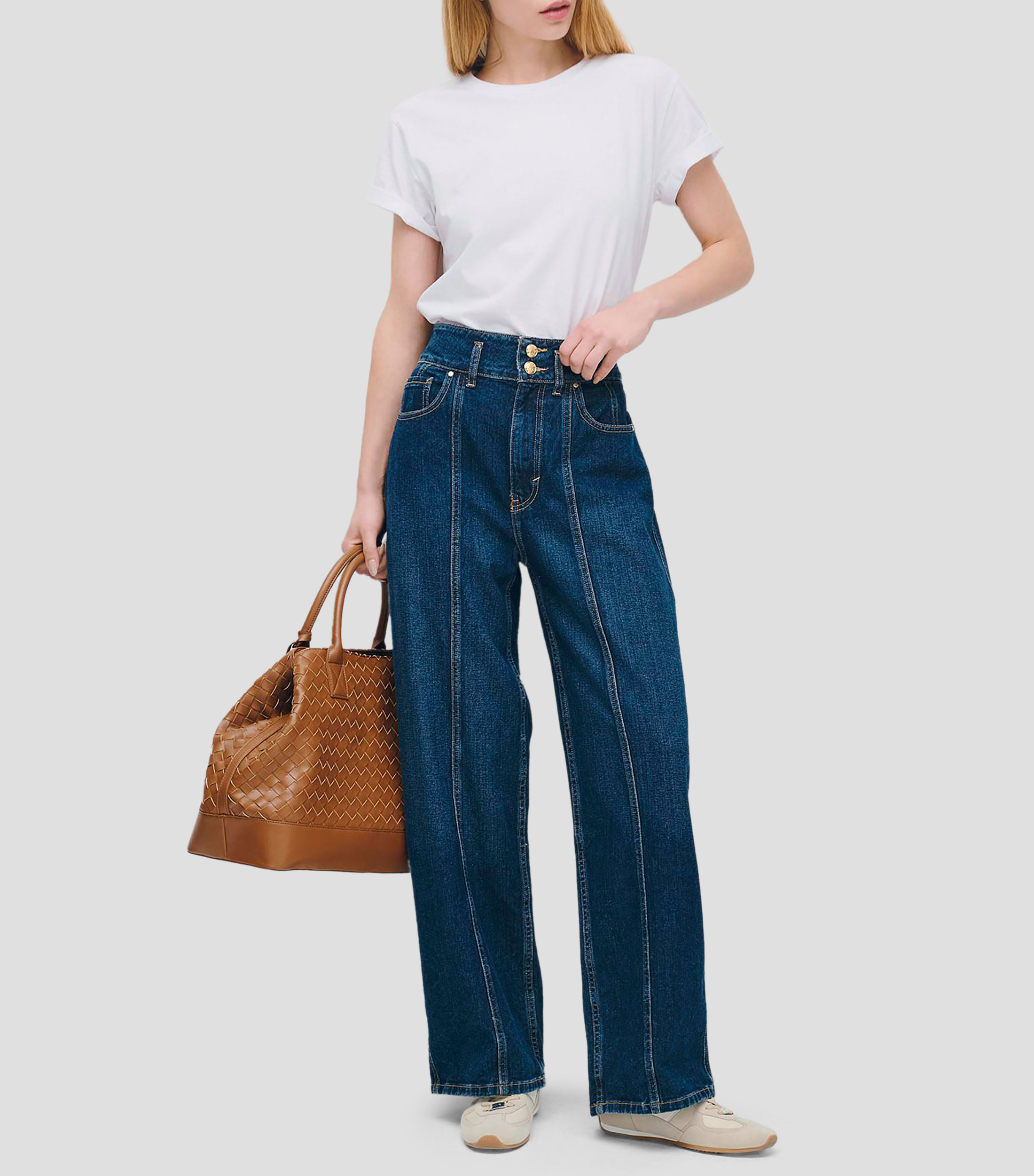 Jeans Wideleg Tiro Alto Detalle Fraccionado Mujer