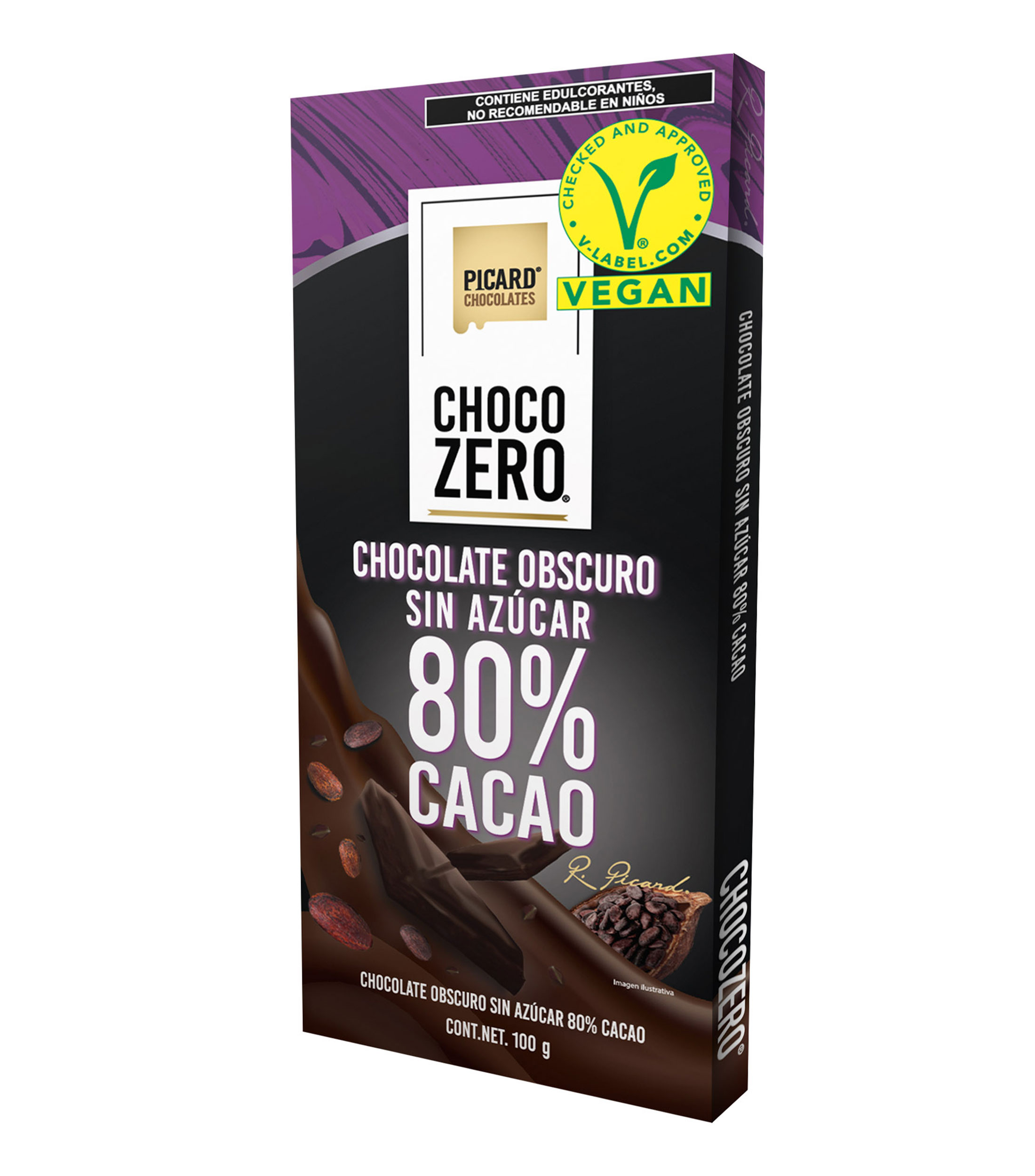 Barras Chocolate Obscuro 80% Cacao sin azúcar, 100 g