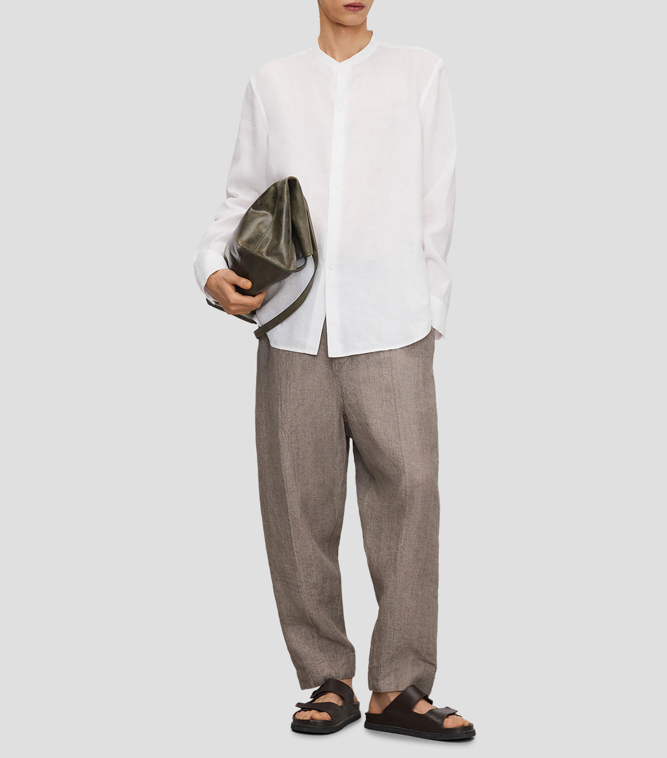 Camisa lisa de lino con cuello mao y manga larga Hombre