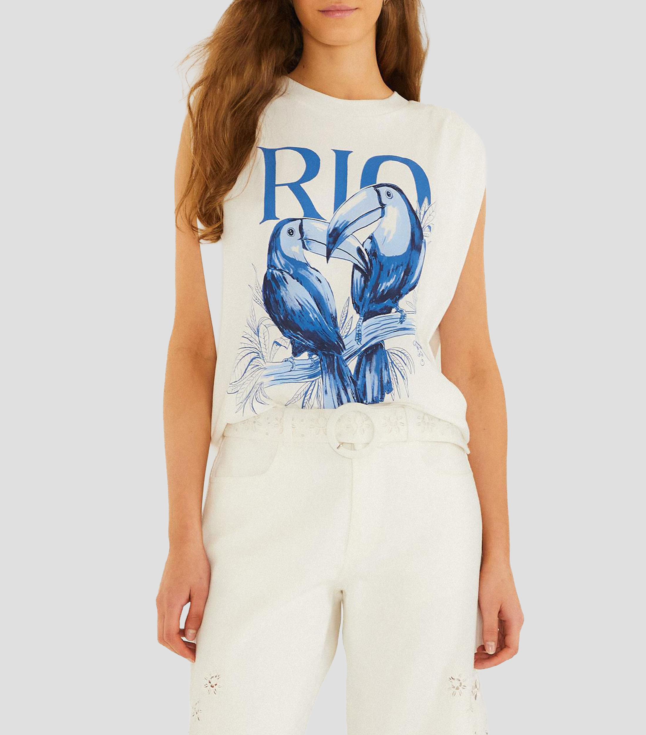 Playera de cuello redondo sin mangas con estampado Mujer