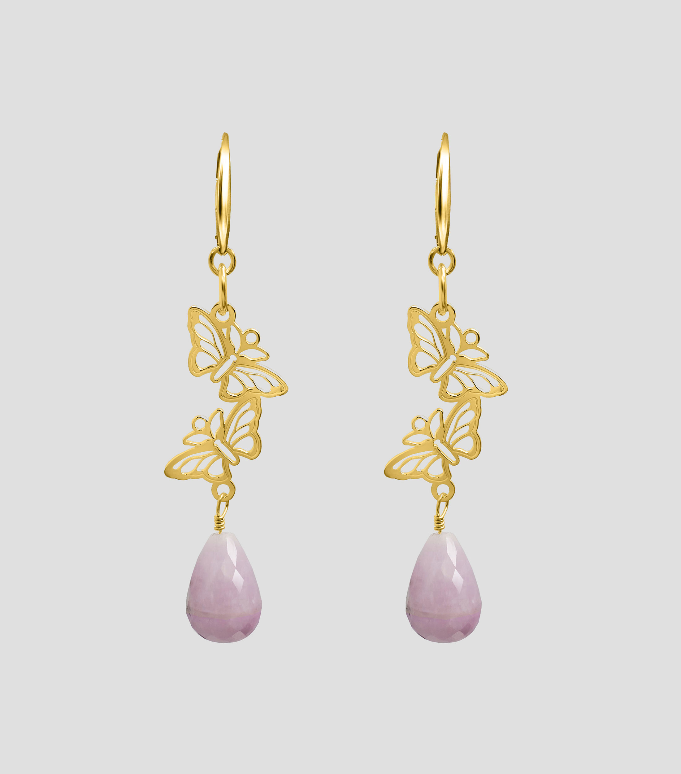 Aretes en Plata .925 con 2 Mariposas e Incrustación de Kunzita Mujer