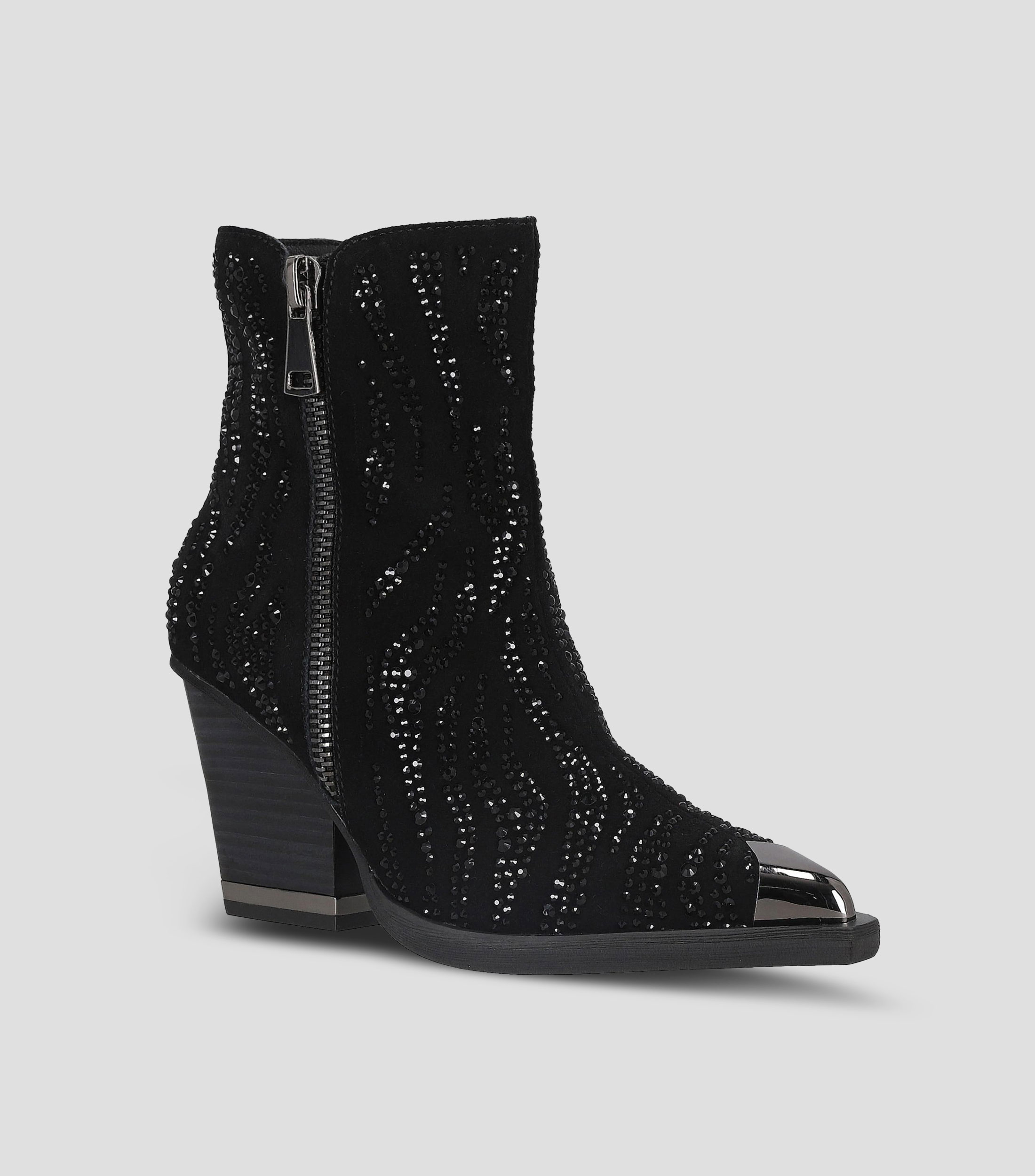 Botines vaqueros en piel con tacon alto cuadrado Mujer