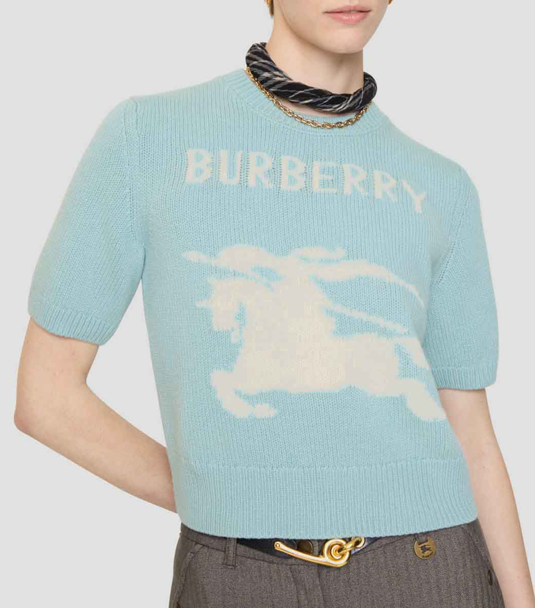 Blusa en lana con estampado manga corta Mujer