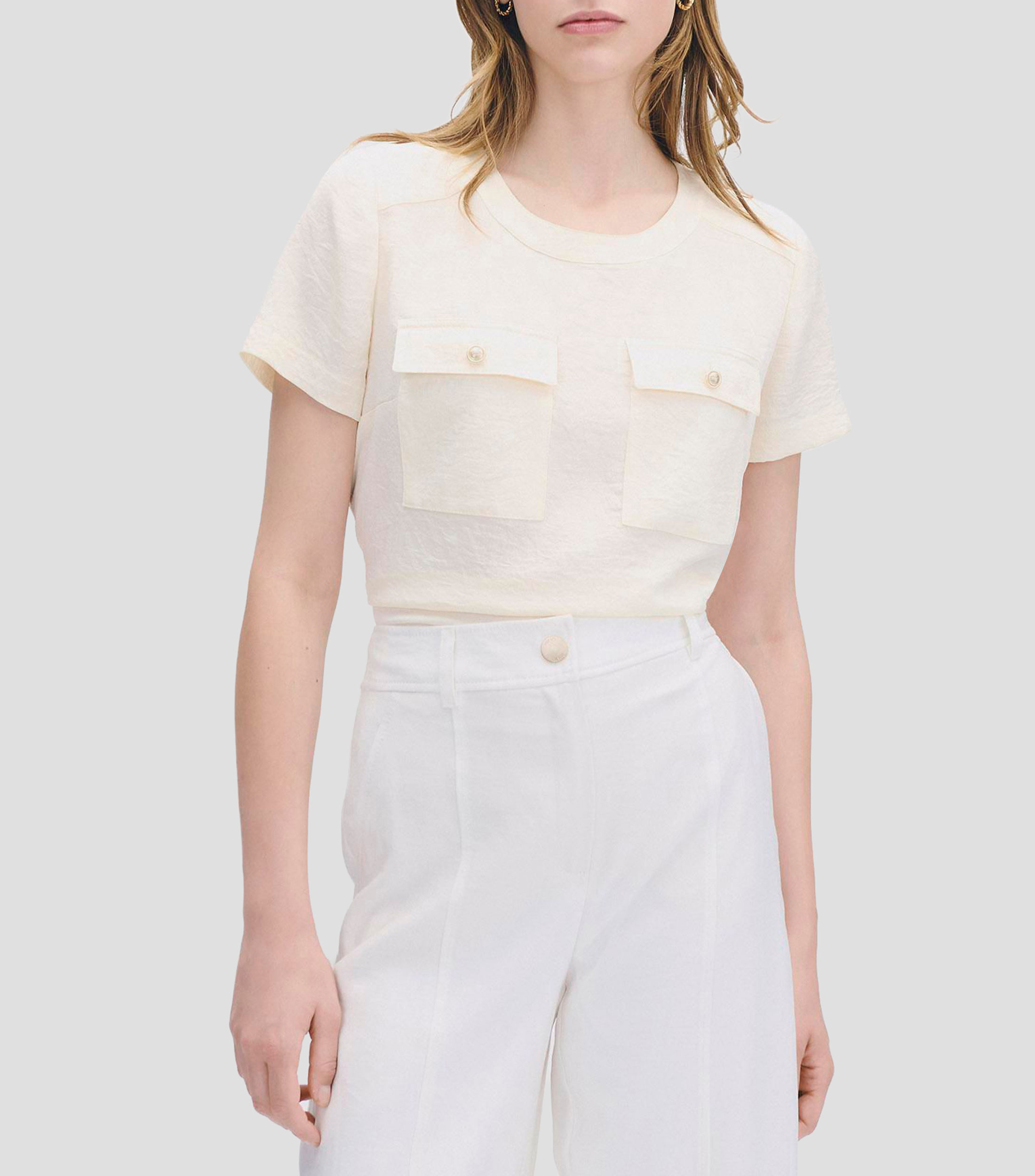 Blusa de satín con textura bolsillos cartera Mujer