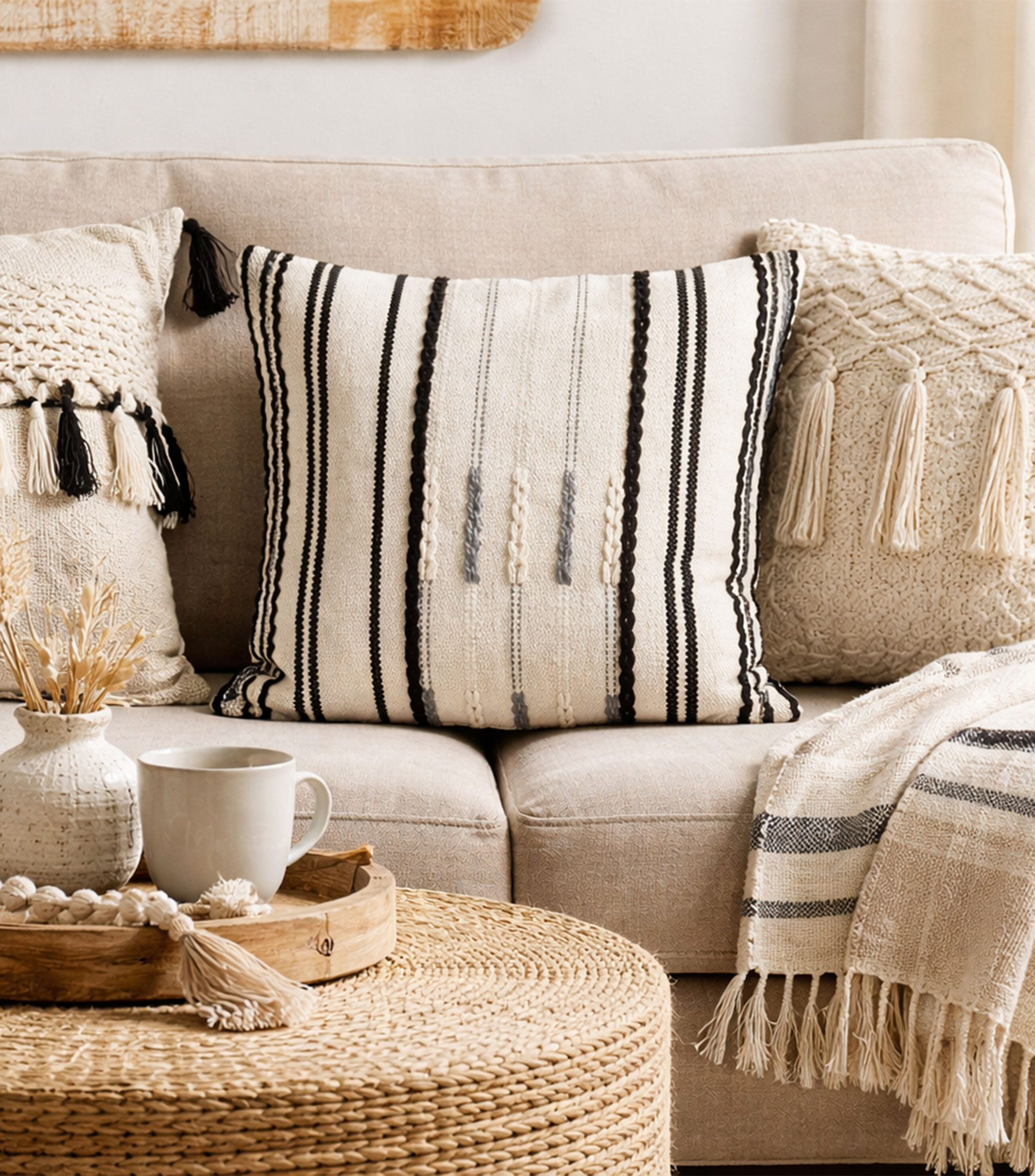 Cojín decorativo Líneas beige/negro