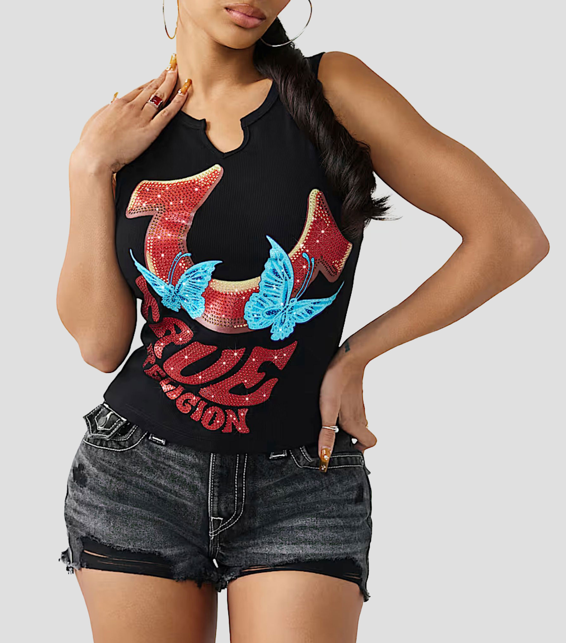 Playera cuello V sin mangas estampada Mujer