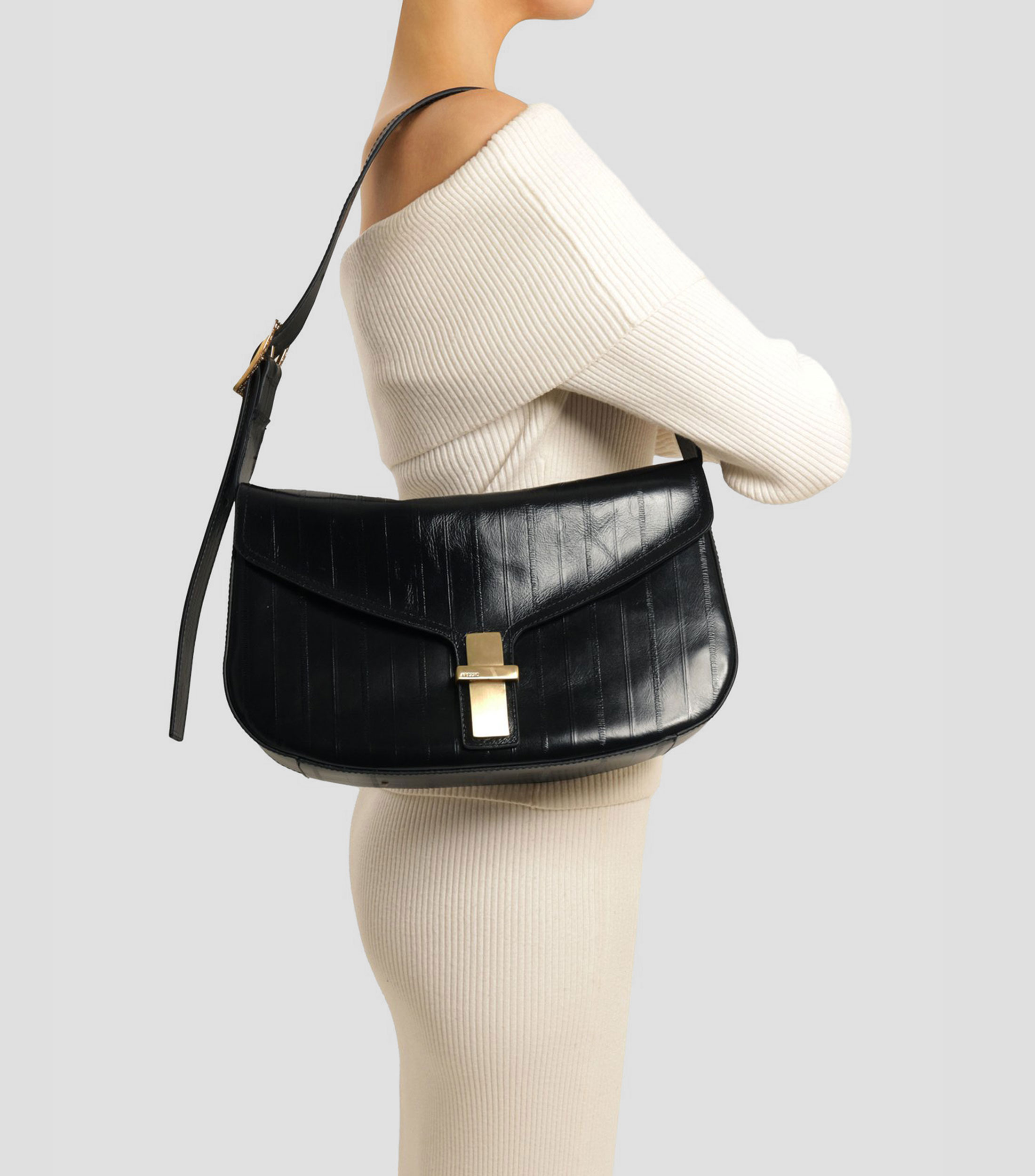 Bolsa Shoulder en piel vacuna con líneas Mujer