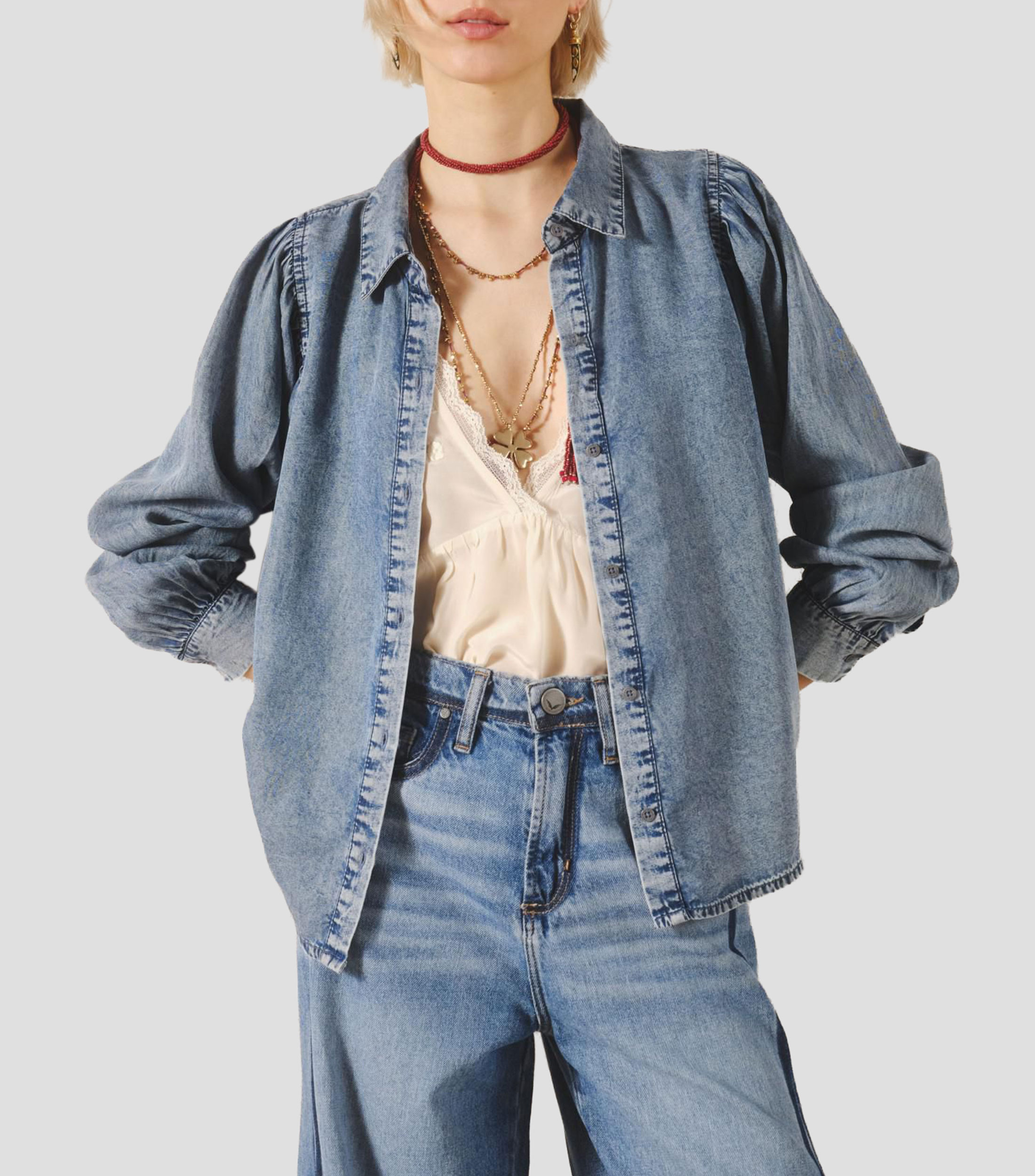 Camisa deslavada manga larga Mujer