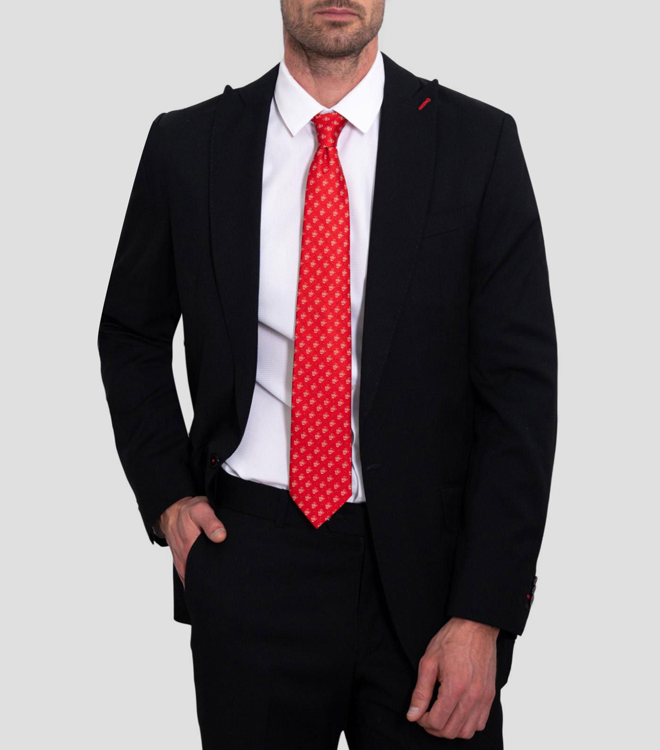 Corbata ancha en seda roja con microdiseño Día de Muertos