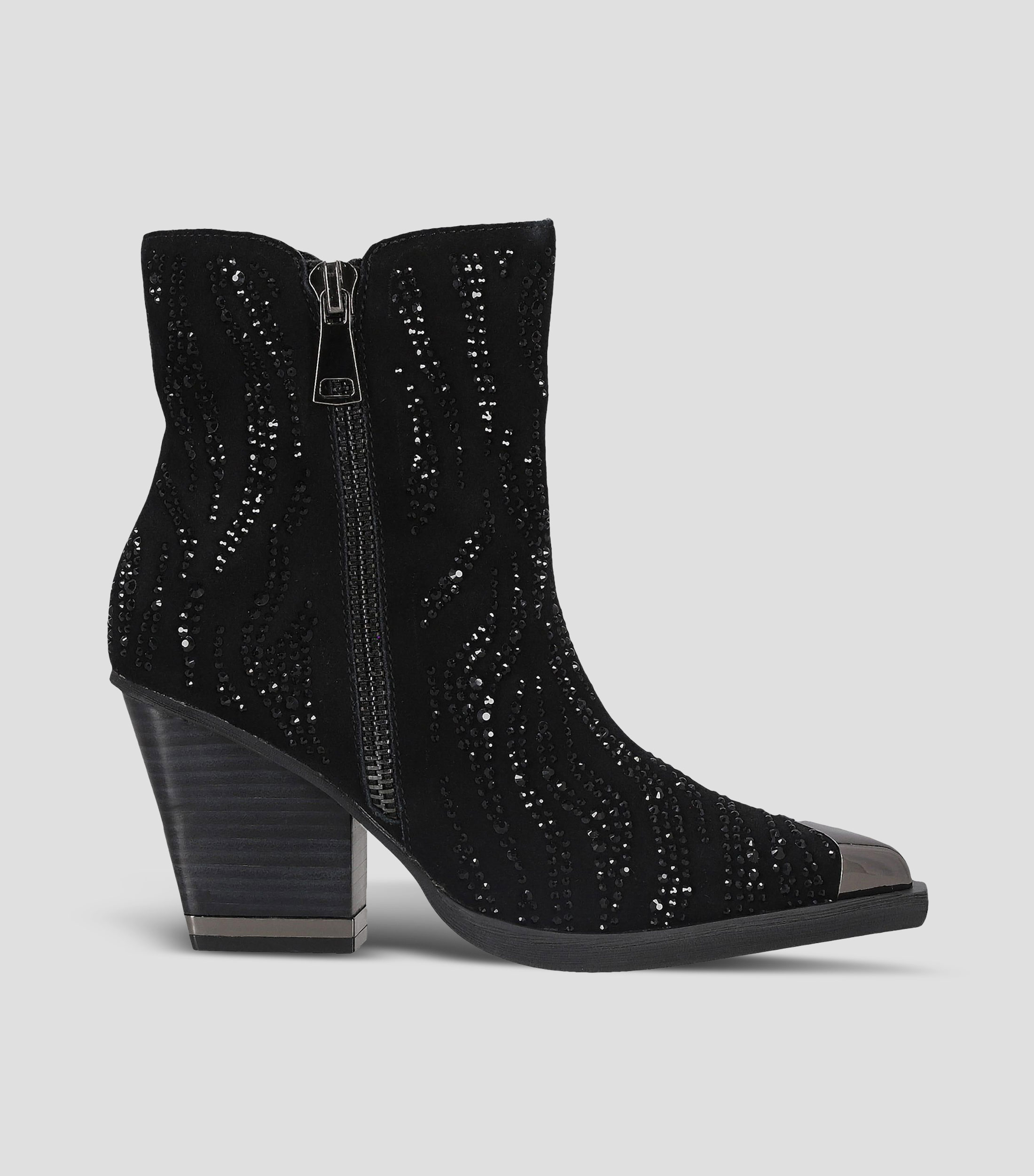 Botines vaqueros en piel con tacon alto cuadrado Mujer