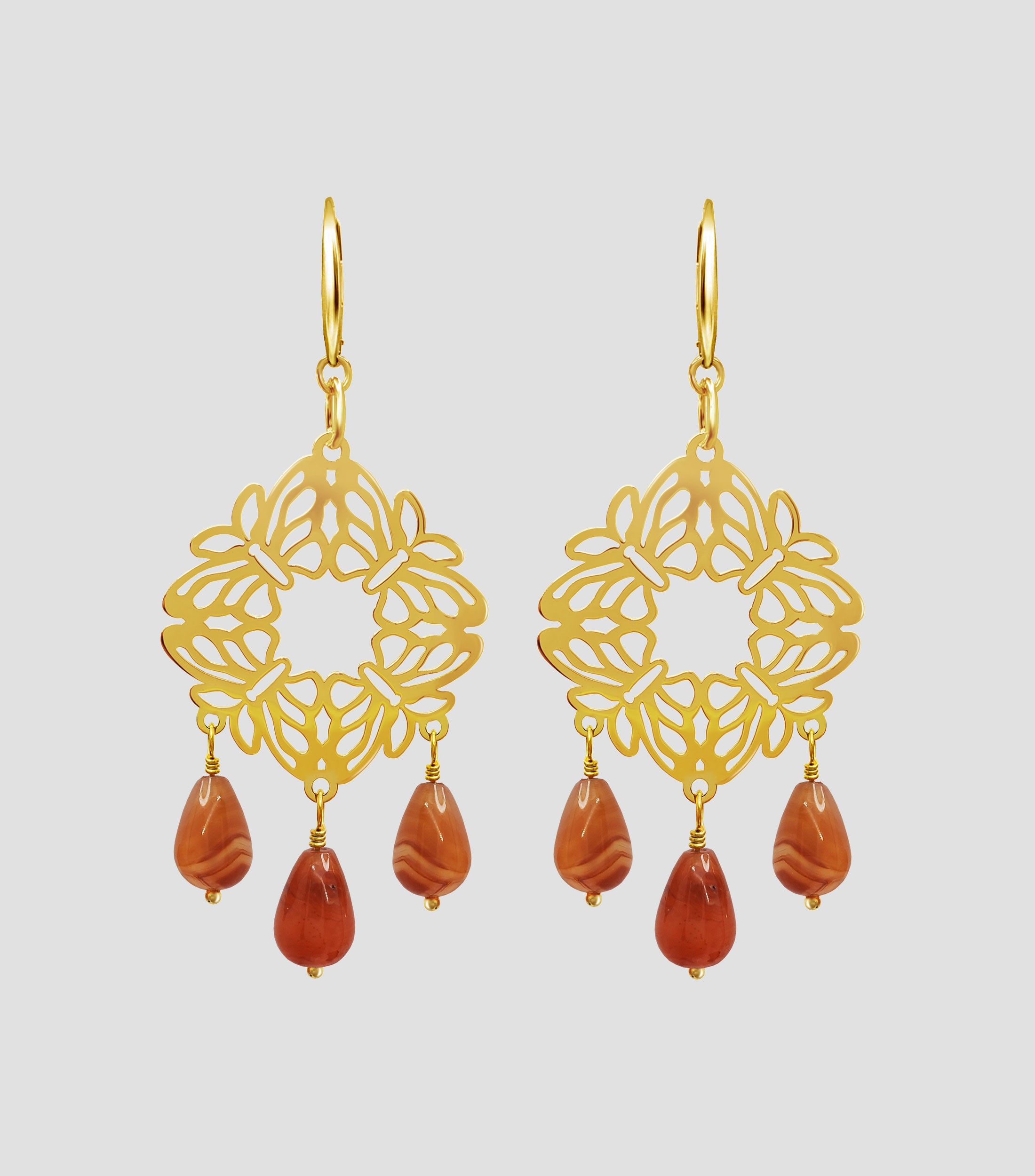 Aretes en Plata .925 con 4 Mariposas e Incrustación de 3 Cornalinas Mujer