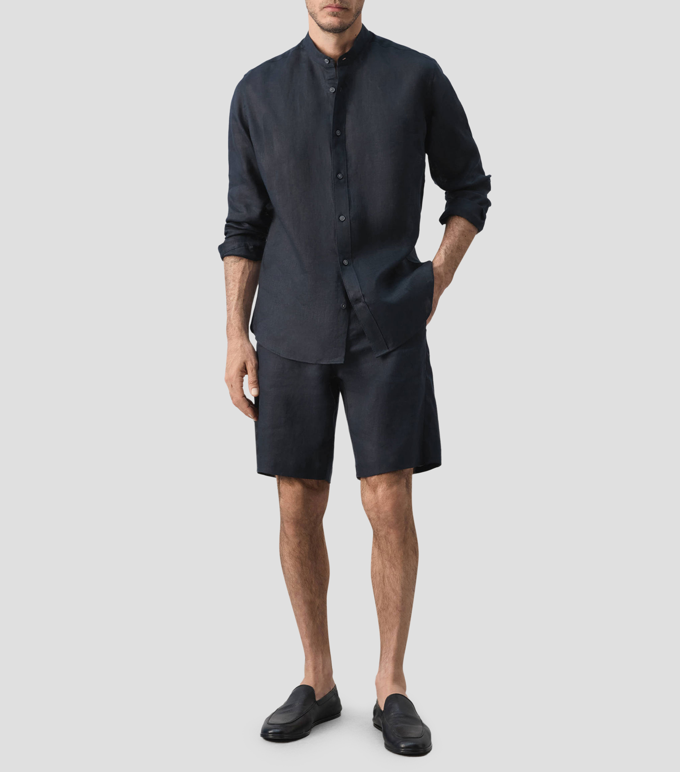 Camisa lisa de lino cuello mao manga larga Hombre