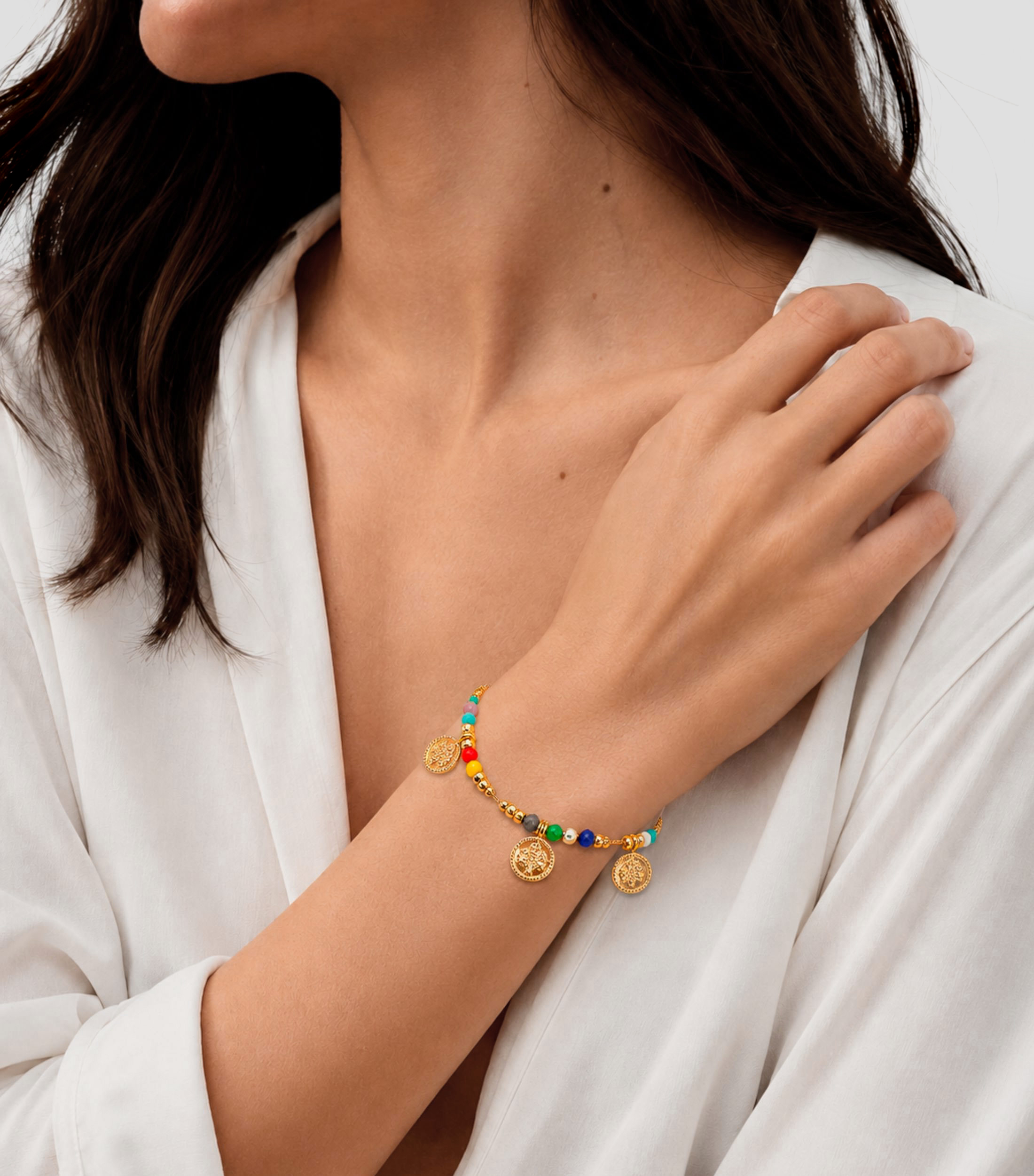 Pulsera multicolor con dijes circulares de árbol de la vida Mujer
